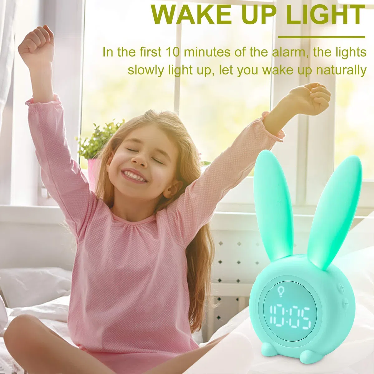 Sveglia digitale forte per i bambini, a forma di coniglio, con visualizzazione della temperatura, ripetizione, controllo vocale, luce notturna temporizzata, lampada da comodino, un buon regalo