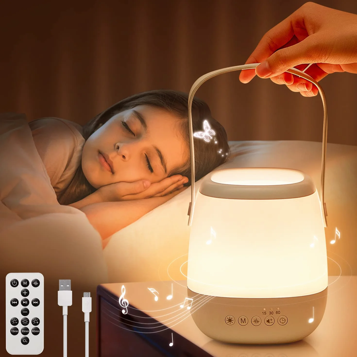 One Fire Lampada da Comodino, 16 Colori 5 Luminosità Luce Notturna Neonato,16 Rumore Bianco 6 Lullaby Lampade da Comodino, Telecomando Timer Lampada Notturna Bambini,USB Ricaricabile Lampada Comodino