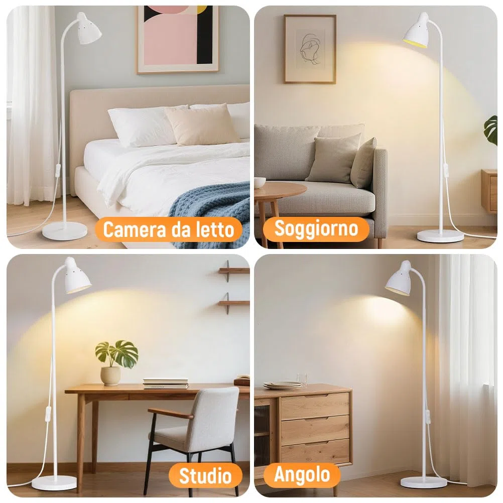 OUSFOT Lampada da Terra, 146cm Piantana Lampada da Terra E27 Max 40W(Nessuna Lampadina Inclusa) Semplice Regolabile Bianco,Adatto a Camere da Letto,Soggiorni e Uffici