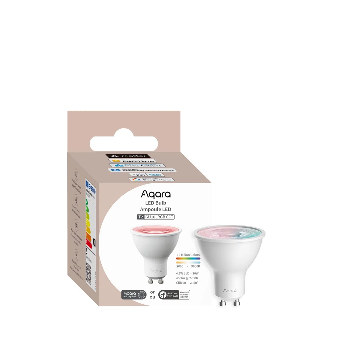 Aqara Lampadina LED T2 GU10 Thread/Zigbee, Bianco Regolabile (2000 K-9000 K), RGB con 16 Milioni di Colori, Equivalente 30 W, Matter, Compatibile con HomeKit, Alexa, Google e Altro