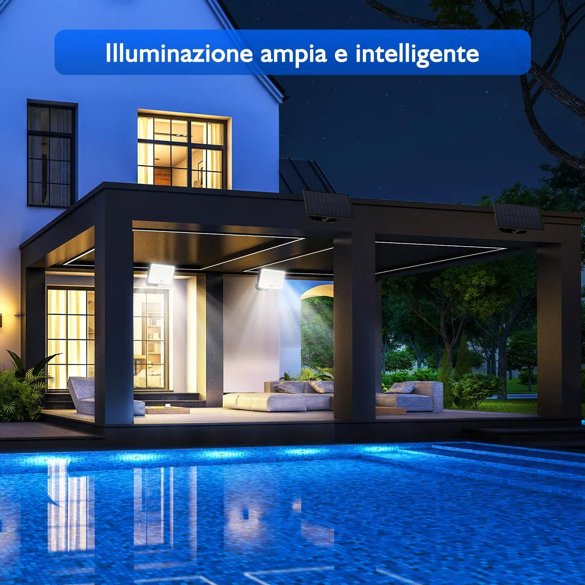 Faretto LED da Esterno Solare, Luce Solare LED Esterno 202 LED 3Modes Faro LED Esterno con Pannello Solare con Sensore di Movimento Impermeabile IP65 da Terra, Giardino 5M Cavo 2 Pezzi