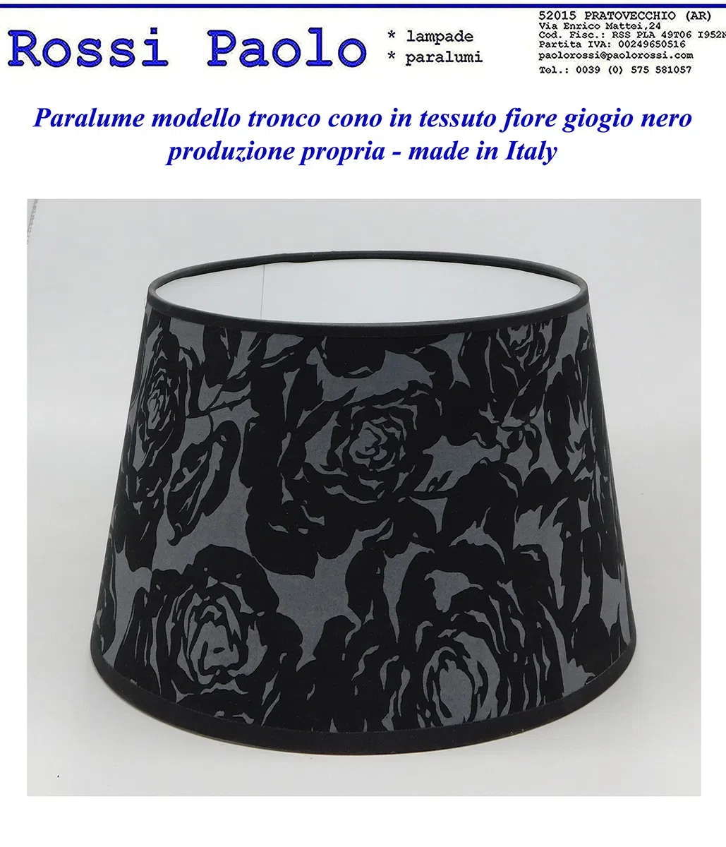 Paralume cappello per lampada in tessuto con disegno fiore grigio nero - produzione propria, made in Italy (Tronco cono, cm 35)