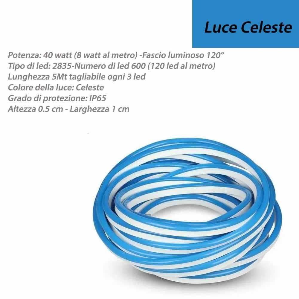 Vetrineinrete® Strip led neon flex striscia curvabile modellabile 600 led decorativa 5 metri luce rossa celeste blu gialla verde fucsia ip65 waterproof (Luce Celeste) B36