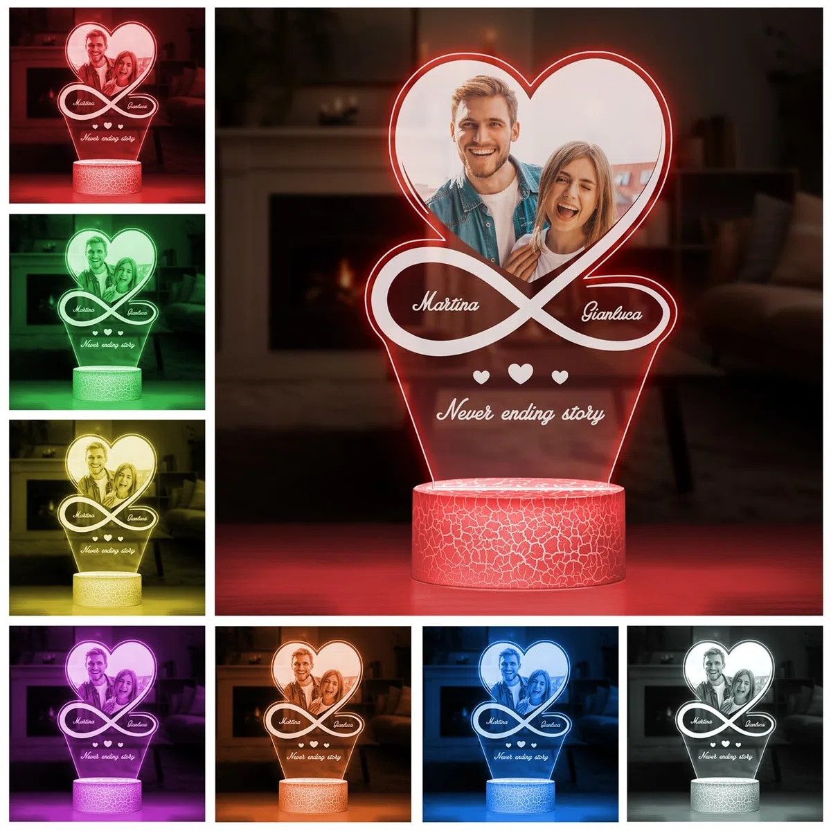 Maverton Lampada con Targa Personalizzata - Targhetta Personalizzata con Luce Notturna - Base Multicolore Caricatore e Telecomando - Idea Regalo Coppia Anniversario