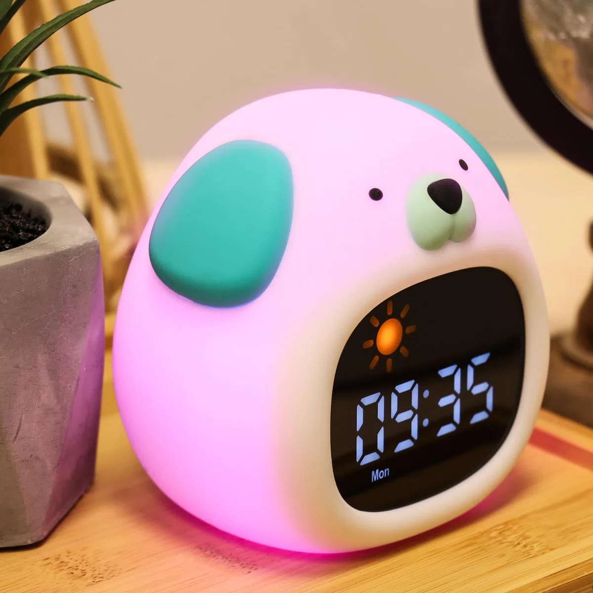 METRONIC 477537 - Sveglia per bambini educativa con cane con luce notturna per ragazza e ragazzo, visualizzazione orologio digitale, apprendimento pedagogico intelligente giorno notturno, con batteria