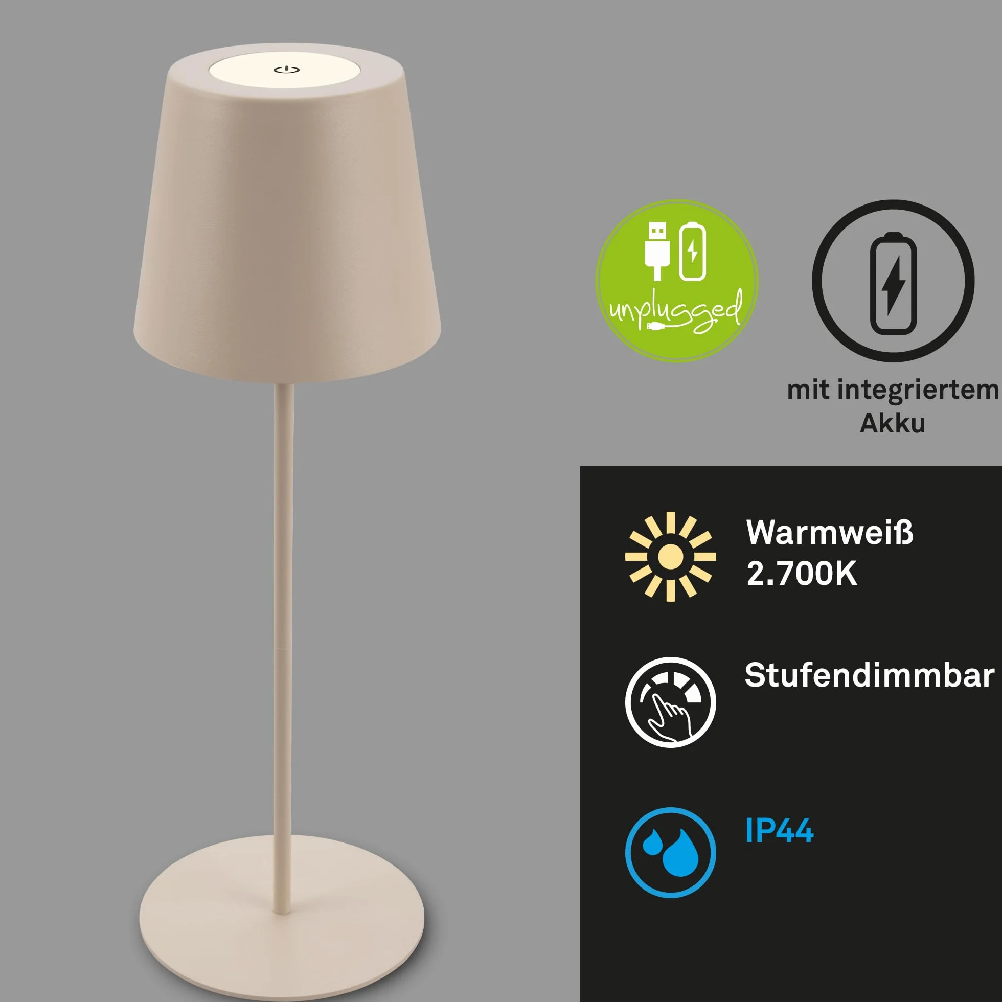 BRILONER - Set di 2 lampade da tavolo LED senza fili con touch, dimmerabili a livelli, regolabili in altezza, lampada da scrivania senza fili, lampada ricaricabile, comodino, 12x36 cm, beige