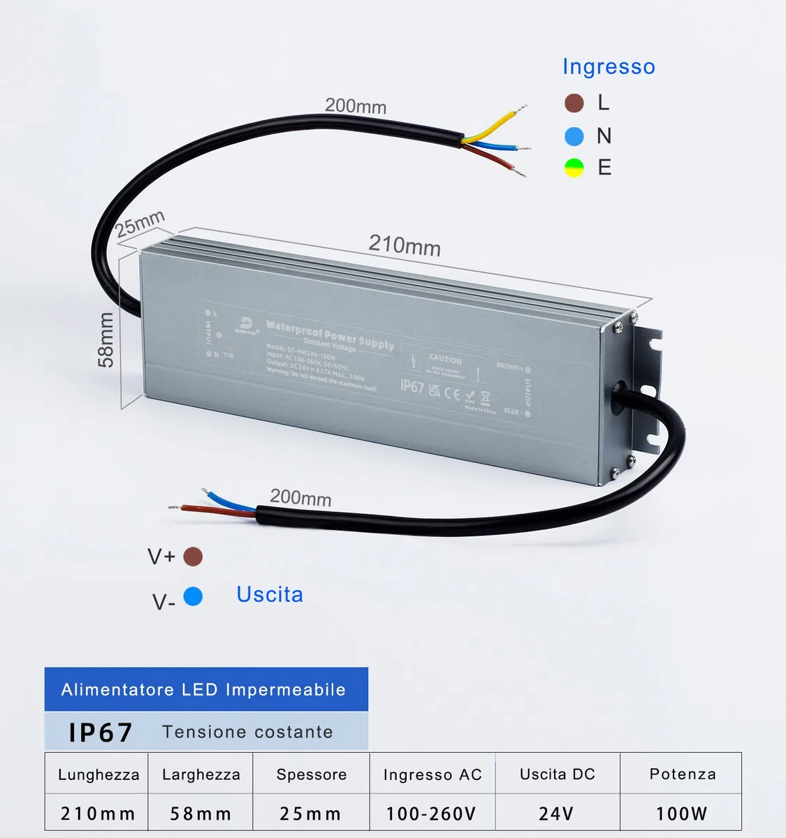 DUSKTEC Driver LED a tensione costante 24 V 100 W 4.17A IP67 alimentatore impermeabile, trasformatore a bassa tensione da 240 V a 24 V CC per illuminazione di strisce LED da giardino all'aperto