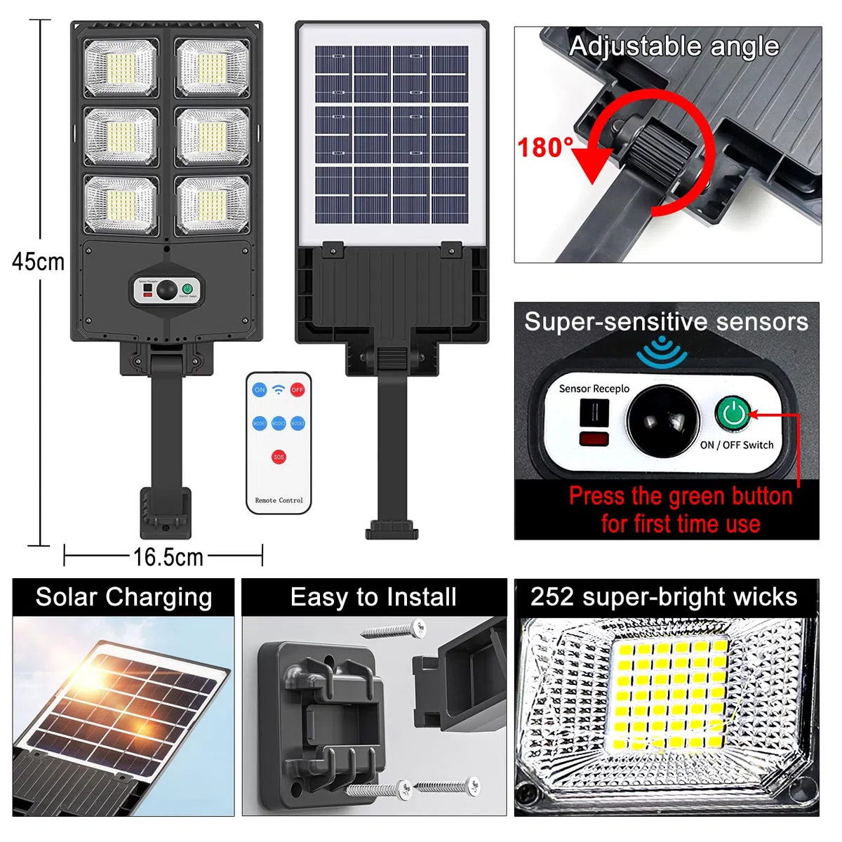 Lampione Solare Led Esterno 252 LED 150W Luci Faro Led Esterno con Pannello Solare e Sensore di Movimento, IP65 Impermeabile Lampada Lampione da Giardino con Telecomando per Strada Garage