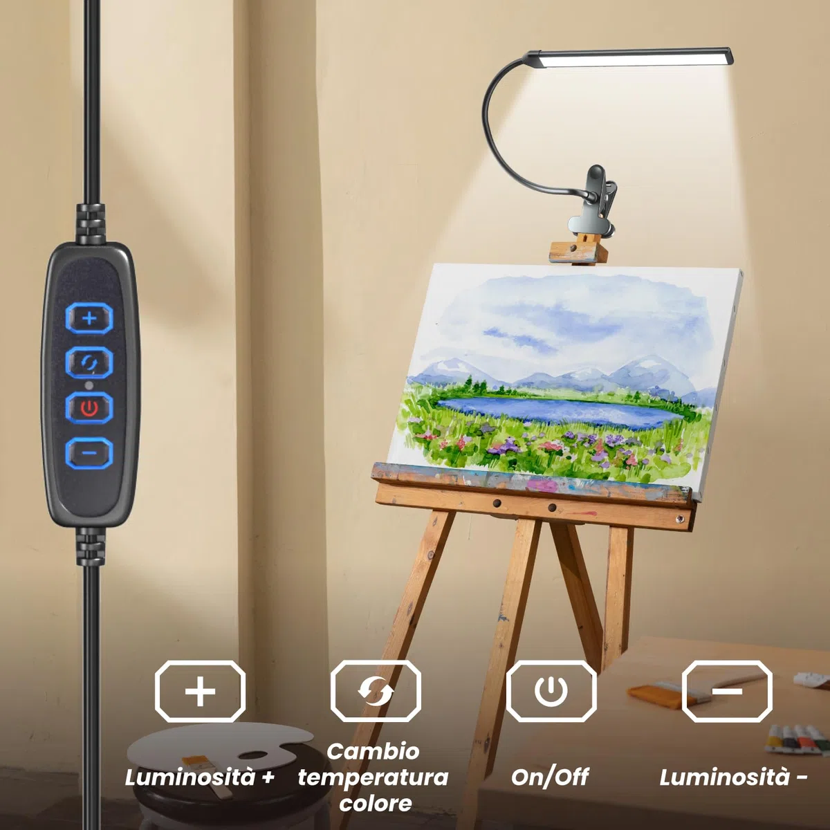 Lampada con Pinza Morsetto per Pittura Artistica, 3 Modalità Colore, 10 Livelli Luminosità, 300lm Luce da Lettura per Dipingere e Disegnare con Braccio Flessibile, Alimentazione USB