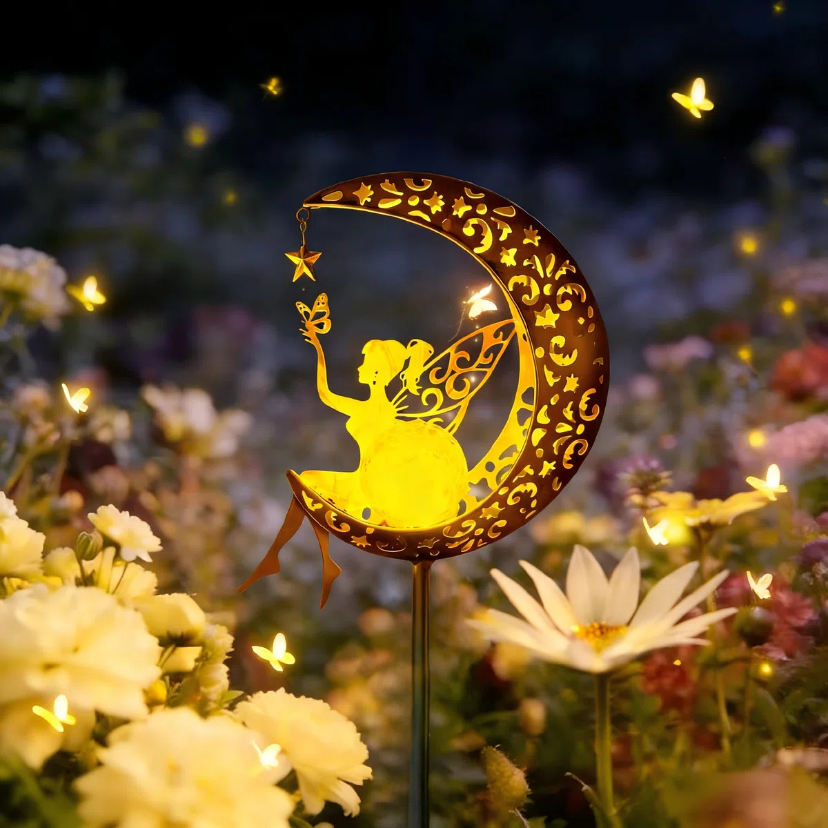 YeahBoom Lampada solare a forma di luna, da giardino, per esterni, per balcone, elfo, fata, impermeabile, per esterni, esterni, terrazza, cortile, prato