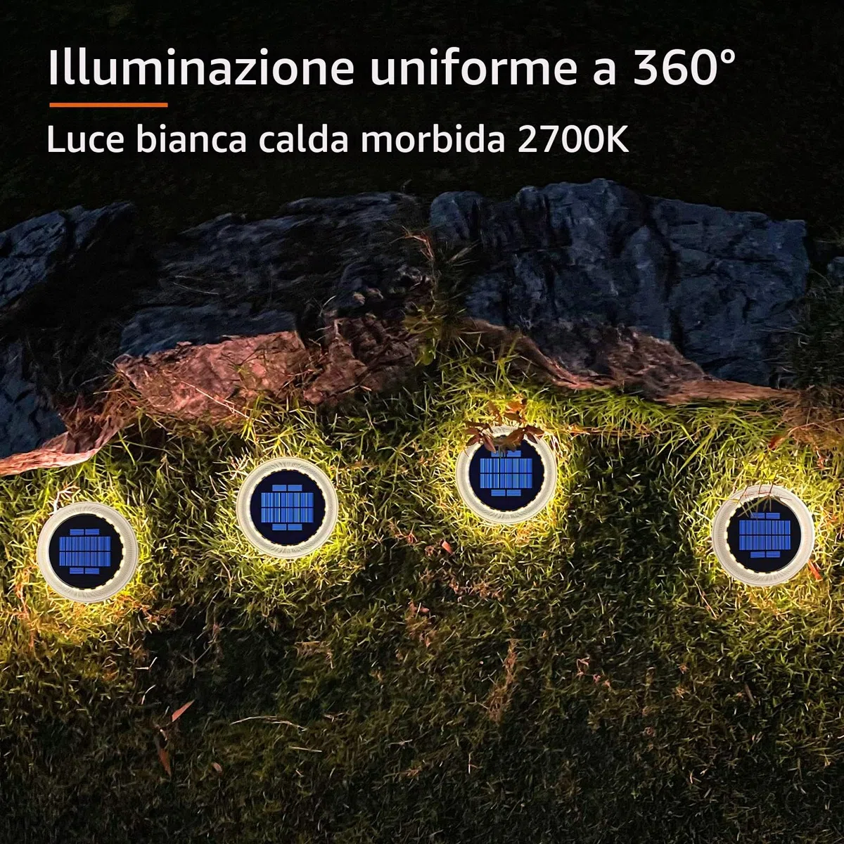 YiLaie Luci Solari Esterno, LED da Giardino 360° Per scale IP68 Impermeabile con On/Off Automatico, per Sentieri, Bianco Caldo 2700K, 4 pezzi
