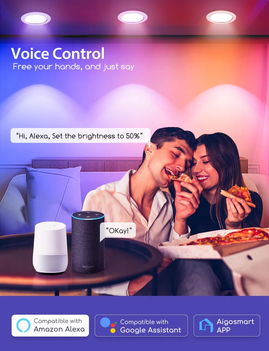 Aigostar 9W Faretti LED da Incasso per Cartongesso, 2 pezzi Faretto Led Incasso, Lampada da Incasso, App Controllo RGB Dimmerabile, Bianco Caldo a 2700-6500K 780LM, Compatibili con Alexa e Google Home