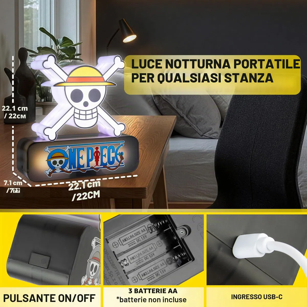 One Piece Skull 3D LED Lampada Bambini, Lampada da Comodino con 3 Livelli di Luminosità, USB o Alimentato a Batteria, Luce Notturna per Decorazione Della Camera da Letto, Regalo Anime (Multi 3D Skull)