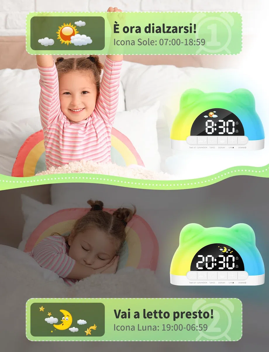 Sveglia Digitale per Bambini 12/24 Ore, Sveglia da Comodino con 11 RGB Luce, 5 Livelli di Luminosità, Doppia Modalità Giorno/Notte, per Allenamento del Sonno