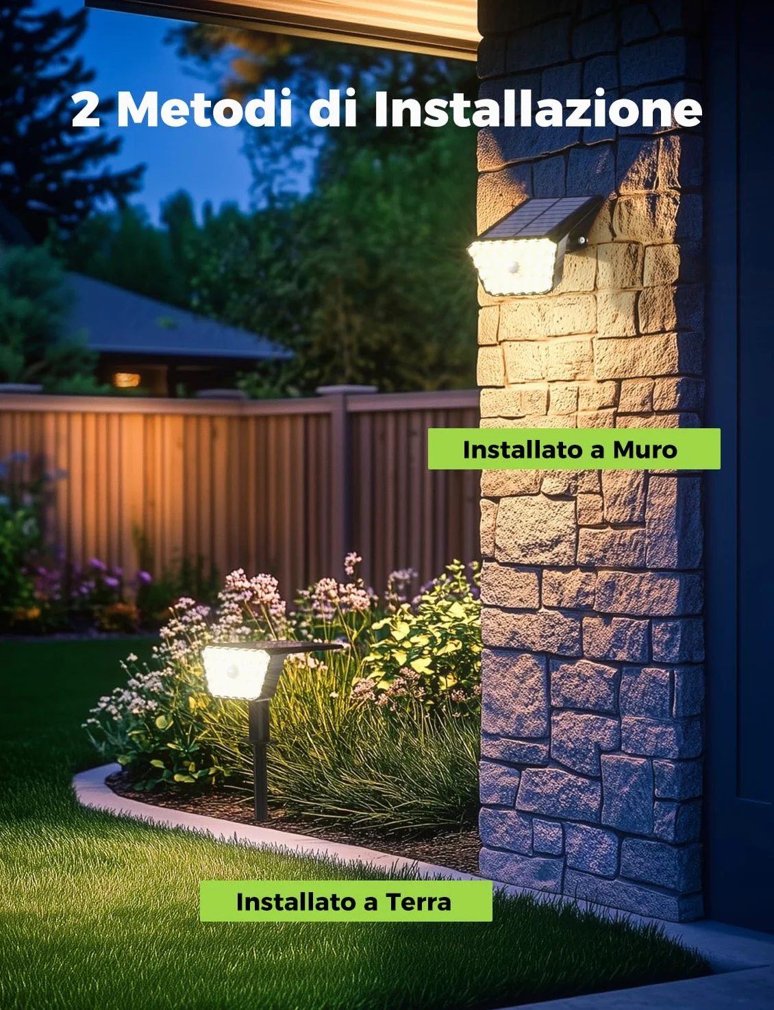 Luci Solari da Giardino con Sensore di Movimento, Lampade Solari da Esterno 4 Pezzi, 4 Modalità di Lavoro, IP67, Installazione a Parete o a Terra per Cortile e Garage - Bianco Caldo