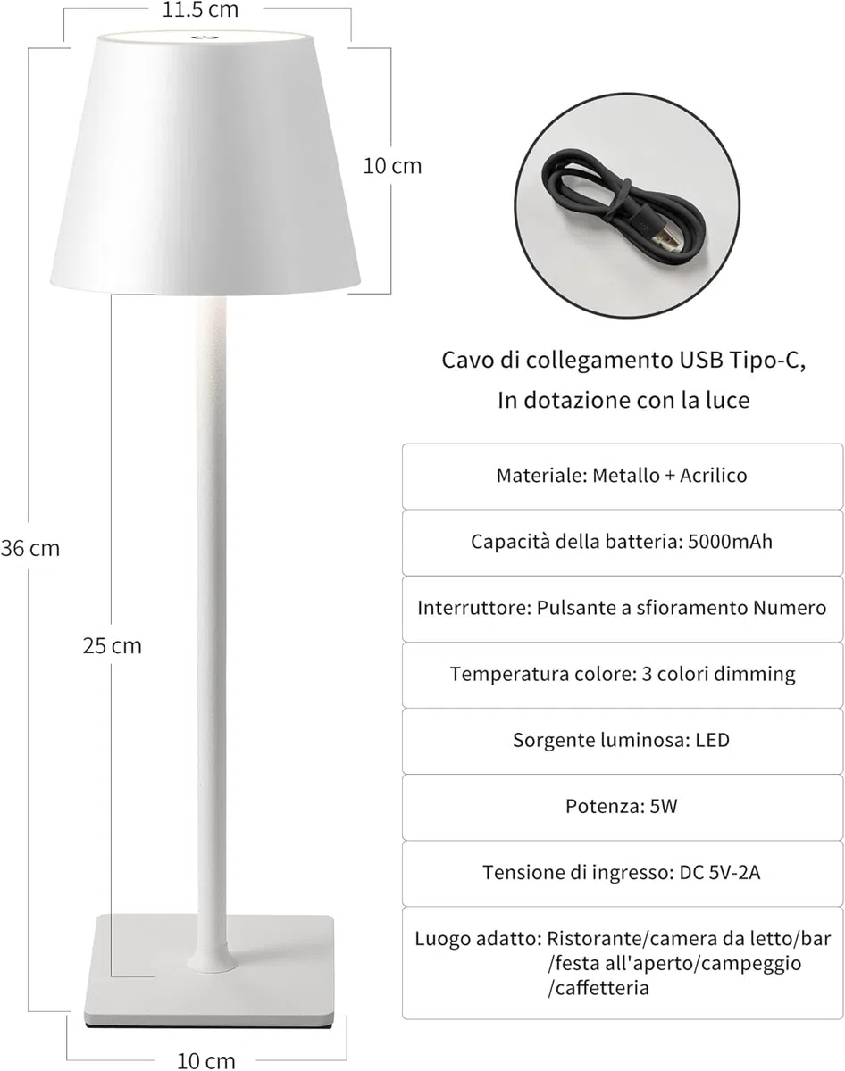 2 Lampada da tavolo senza fili BIANCO Led Touch Dimmerabile 3 modalità di luce Lampade ricaricabili impermeabile 3000-6500k