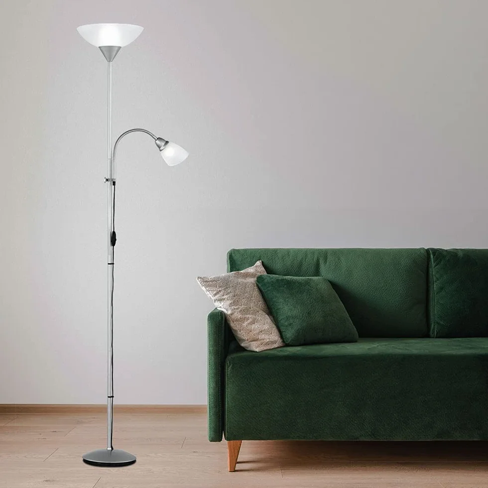 Reality Leuchten Reality R4393-87 Erzwo Piantana, 1xE27 150 W/1xE14 40 W LED, Metallo, Titanio/Bianco, 180 cm, 1 Unità (Confezione da 1)