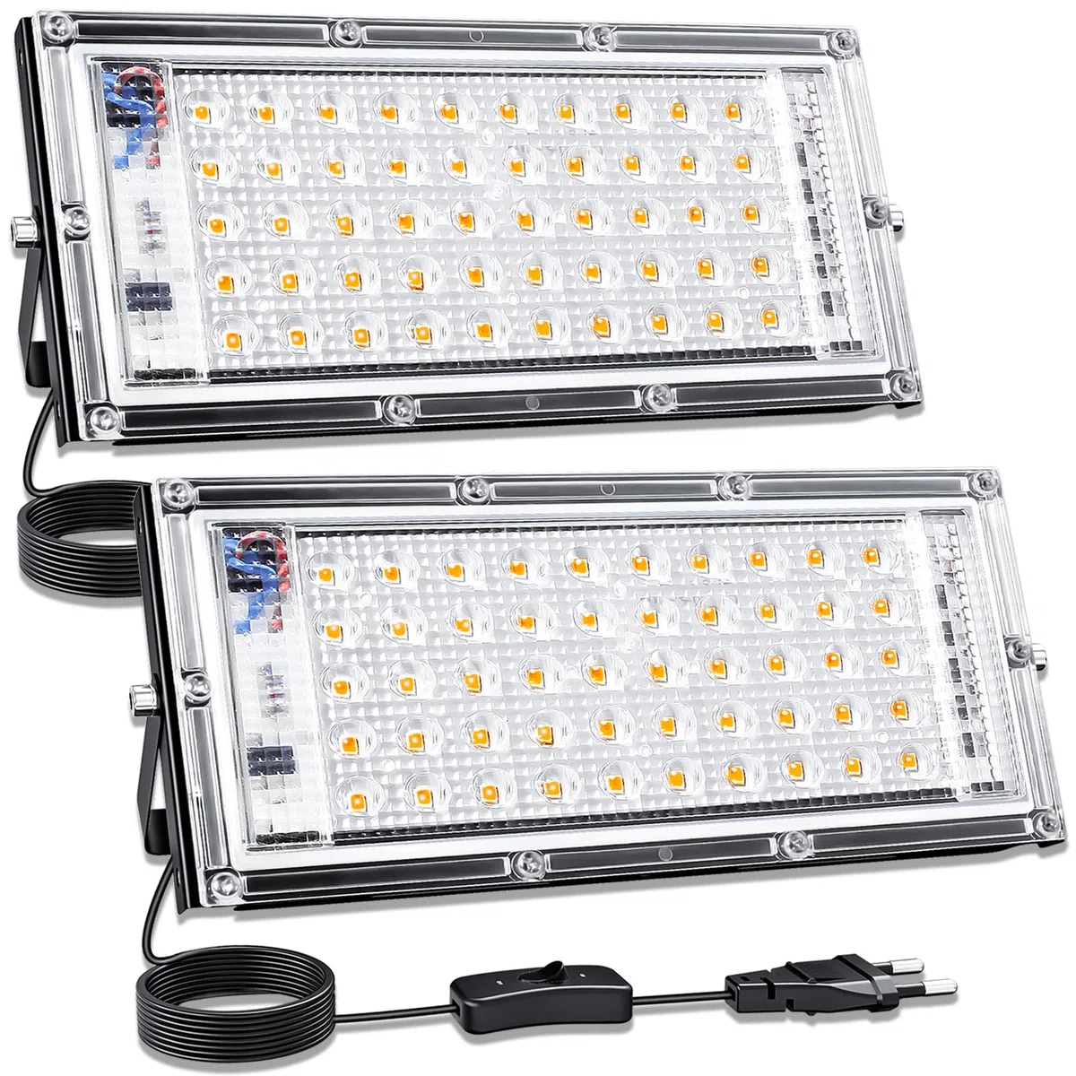 CREATESTAR 50W Faretto LED da Esterno，2pcs Faretto Led con Spina,3000K Bianco Caldo Faretti led 5000LM,faretti LED esterni 3000K, IP65 Impermeabile per Giardino,Patio, Garage