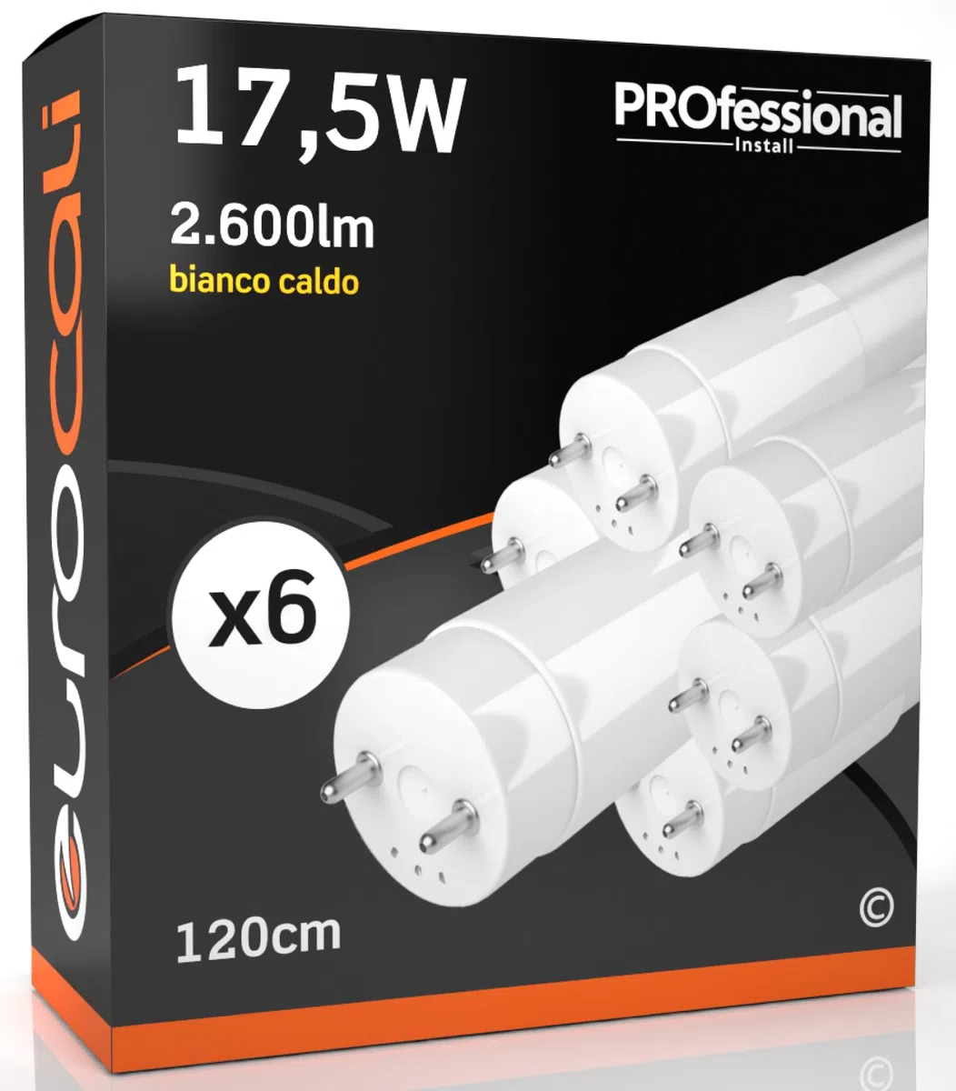 Eurocali Tubo LED 120cm 17,5W 2600 lumen - Bianco Caldo 3000K - Policarbonato - Tubo T8 Attacco G13 - Sostituzione Neon - Pacco da 6