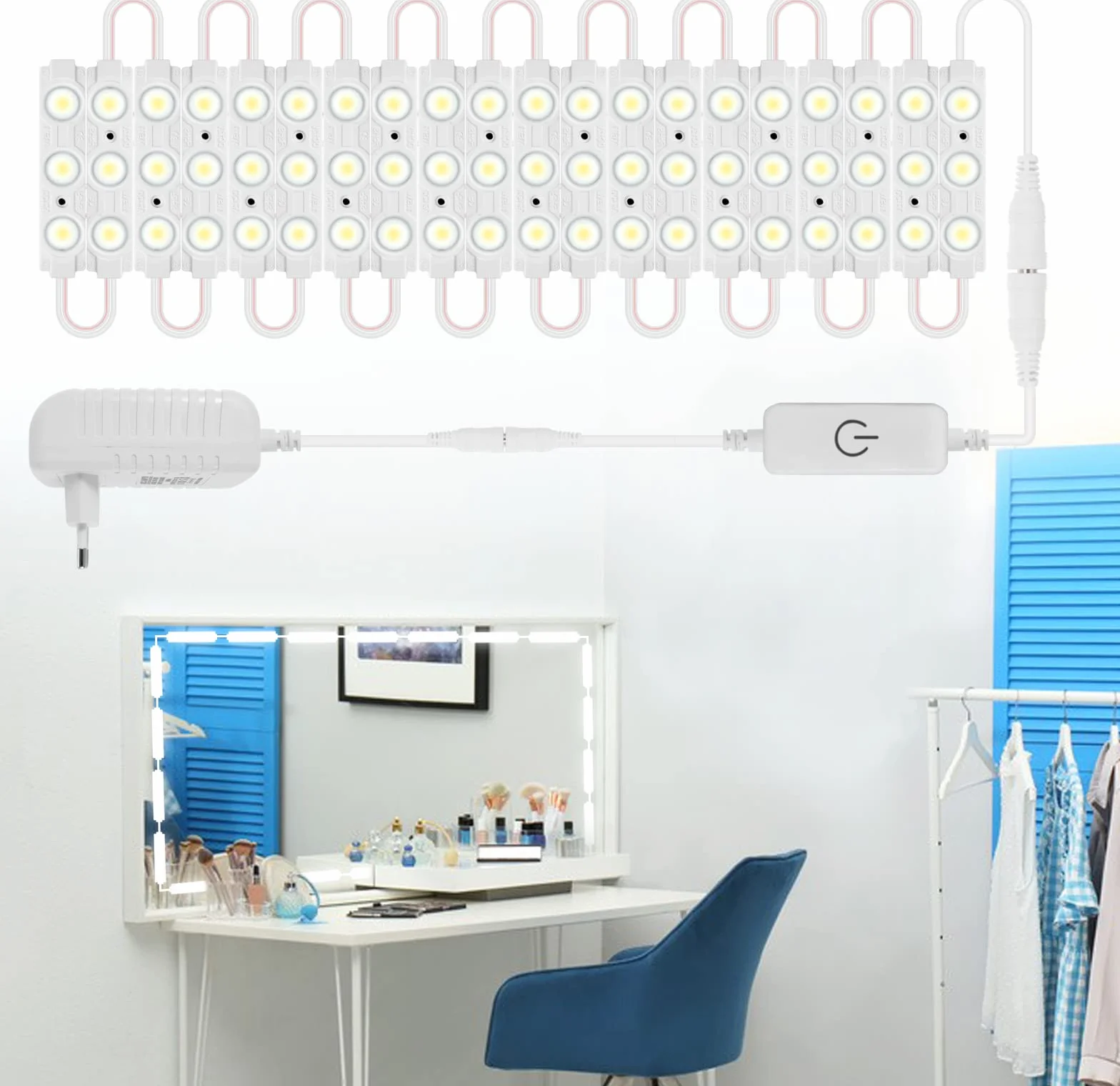 Viugreum Luci da Specchio Dimmabili LED, 60 Luci per Make Up, 1200LM Bianco Freddo 6000K Trattamento Anti-Umidita’Kit Luci da Camerino con Dimmer