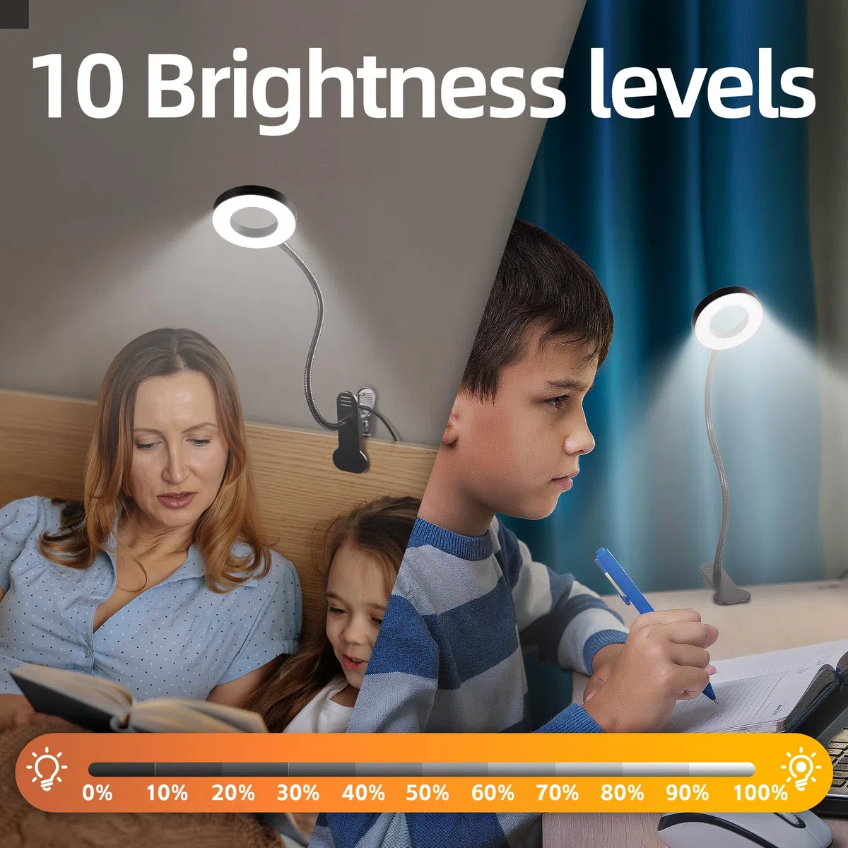 Foneso Lampada da Scrivania con Pinza, 48 LED, 3 Livelli di Luminosità, Blocca 99.9% Luce Blu, Lampada da Lettura per Letto, Libro, Lavoro, Tavolo(Nera,imballaggio da 2,senza spina)