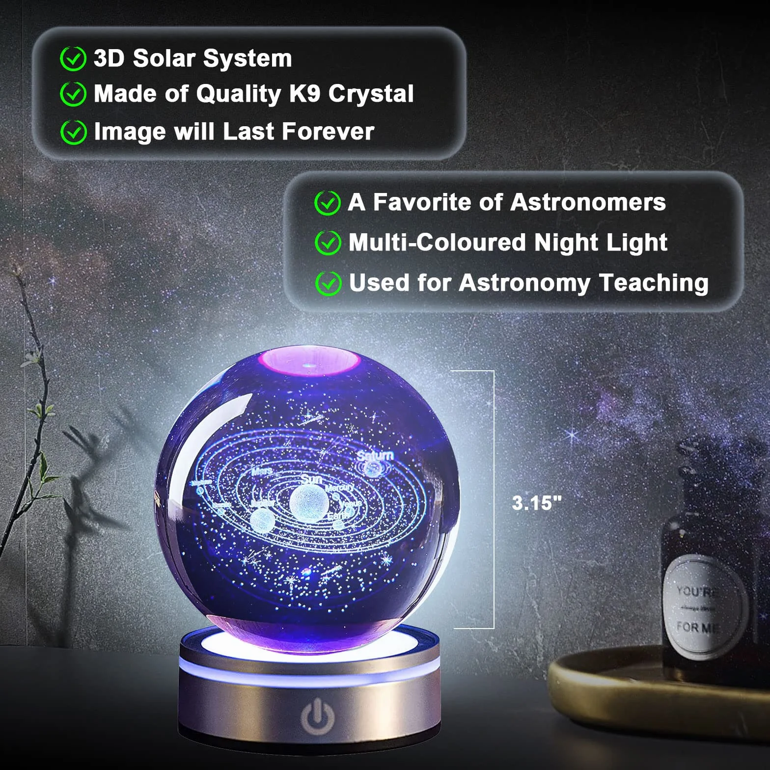 mumisuto Sfera di Cristallo 3D, Sfera di Cristallo 3D Sistema Solare, luce notturna 3d con sfera di cristallo con LED Light Up Base Casa Decorazione Ornamento Astronomia Regali educativi di Natale