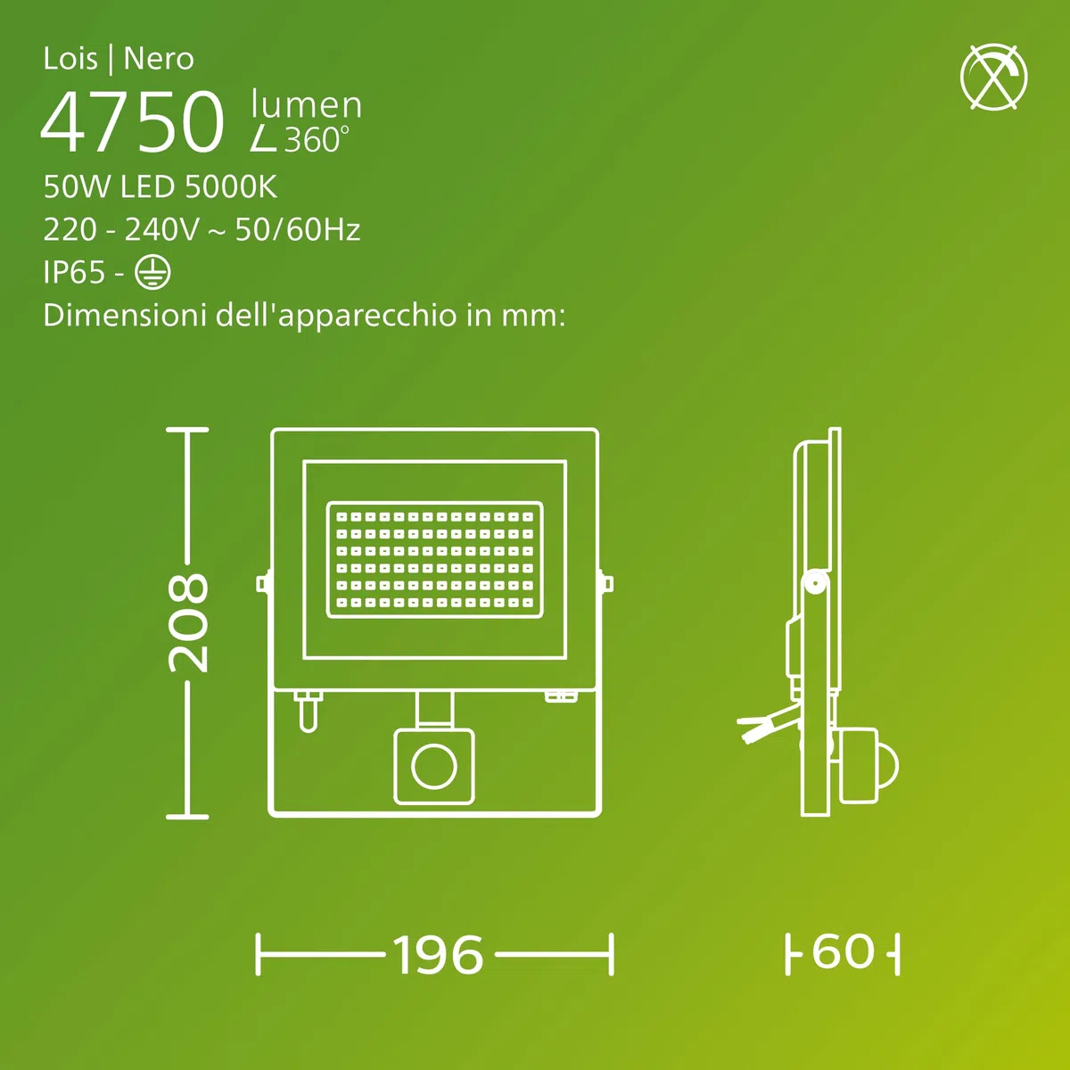 PHILIPS Lois, Proiettore per Esterni, con Sensore di Movimento, 50 W, 5000 K,Nero