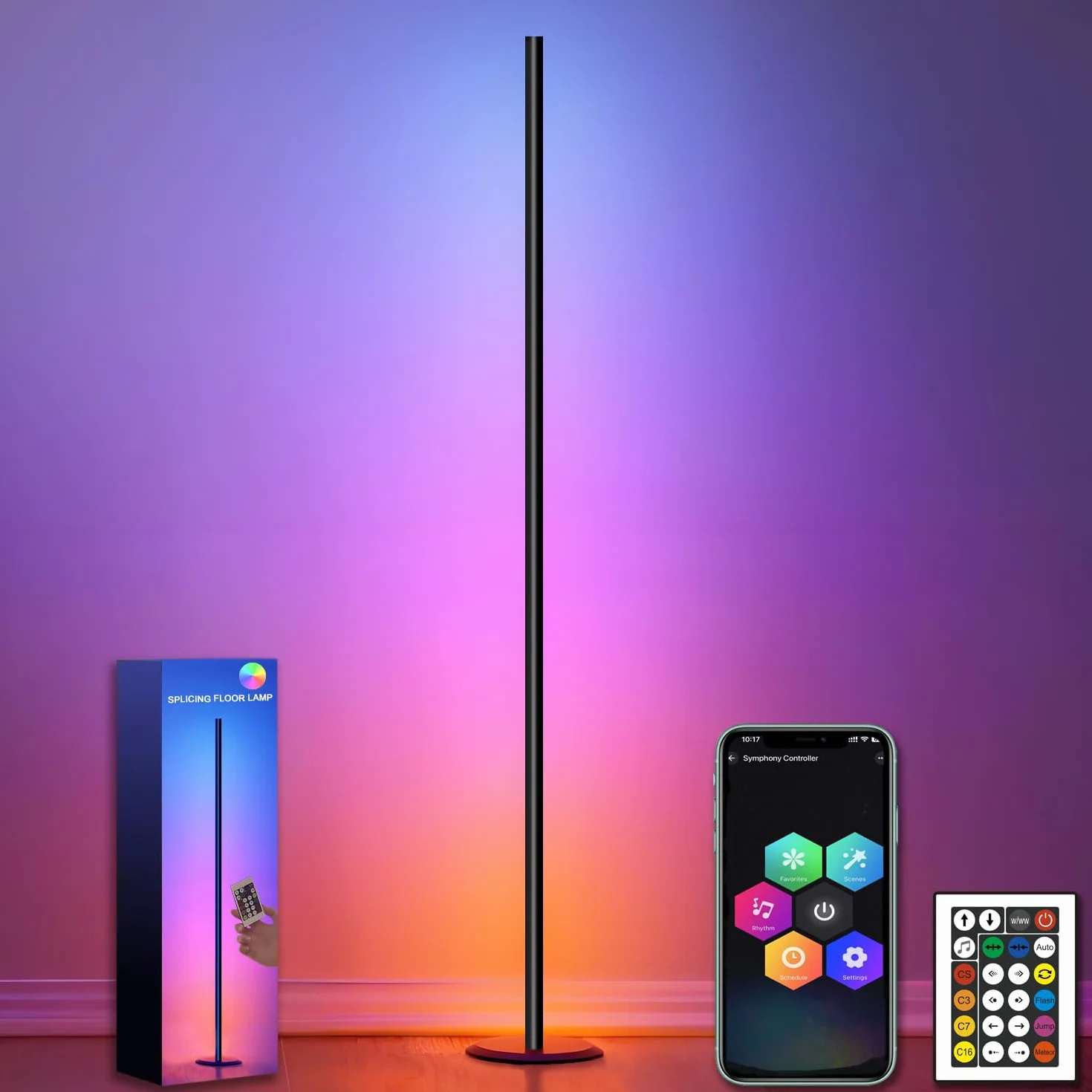 Lampade da Terra,RGB Dimmerabile Lampada da Terra LED con Telecomando e APP,16 Milioni di Colori,Sincronizzazione Musicale, 46 Modalità Scen,Lampada da Terra Angolare per Camera,Soggiorno,Nero