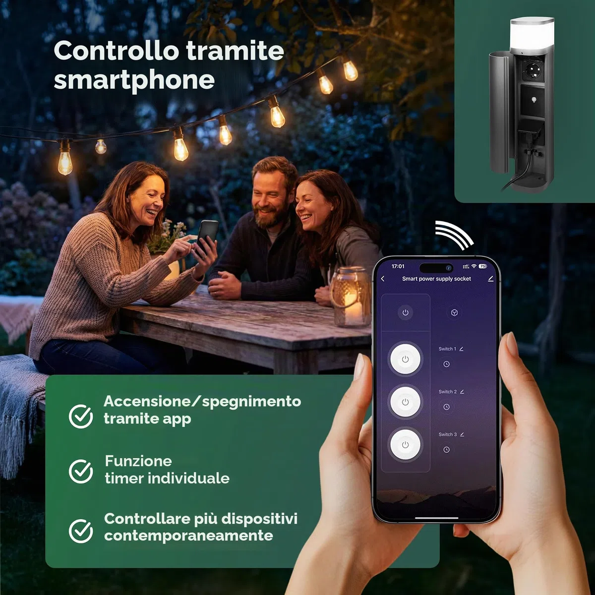 Novatool Lampada con presa radio a 2 scomparti, colore antracite, rotonda, con apertura SMART WiFi, app IP44, presa esterna da giardino, per esterni, colonna da giardino, torre di presa elettrica