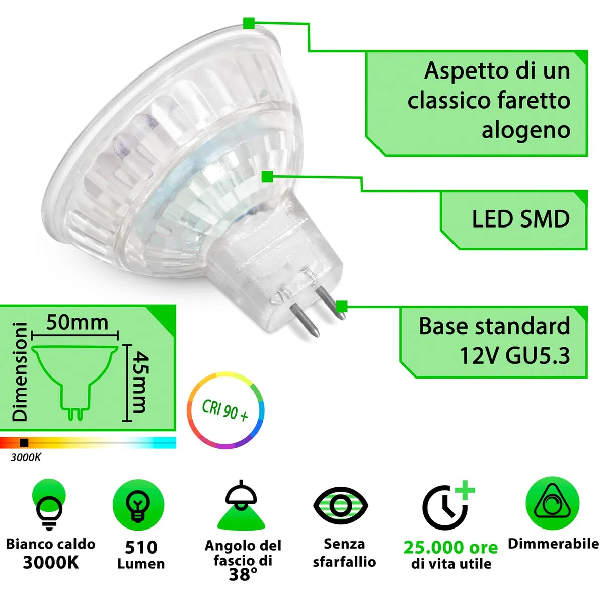 greenandco 5x MR16 GU5.3 | dimmerabile | sostituisce 45W | bianco caldo 3000K | IRC 90+ | 6,5W 510 lm | 38° | senza sfarfallio | COB LED spot | 12V AC/DC
