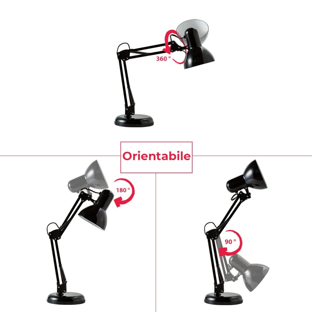 B.K.Licht Lampada da tavolo retro, interruttore on off, attacco E14, 40W, luce orientabile, da scrivania, scrittoio, comodino, lampada da lavoro, da lettura, ufficio, corpo in metallo, 53 cm (A), nero