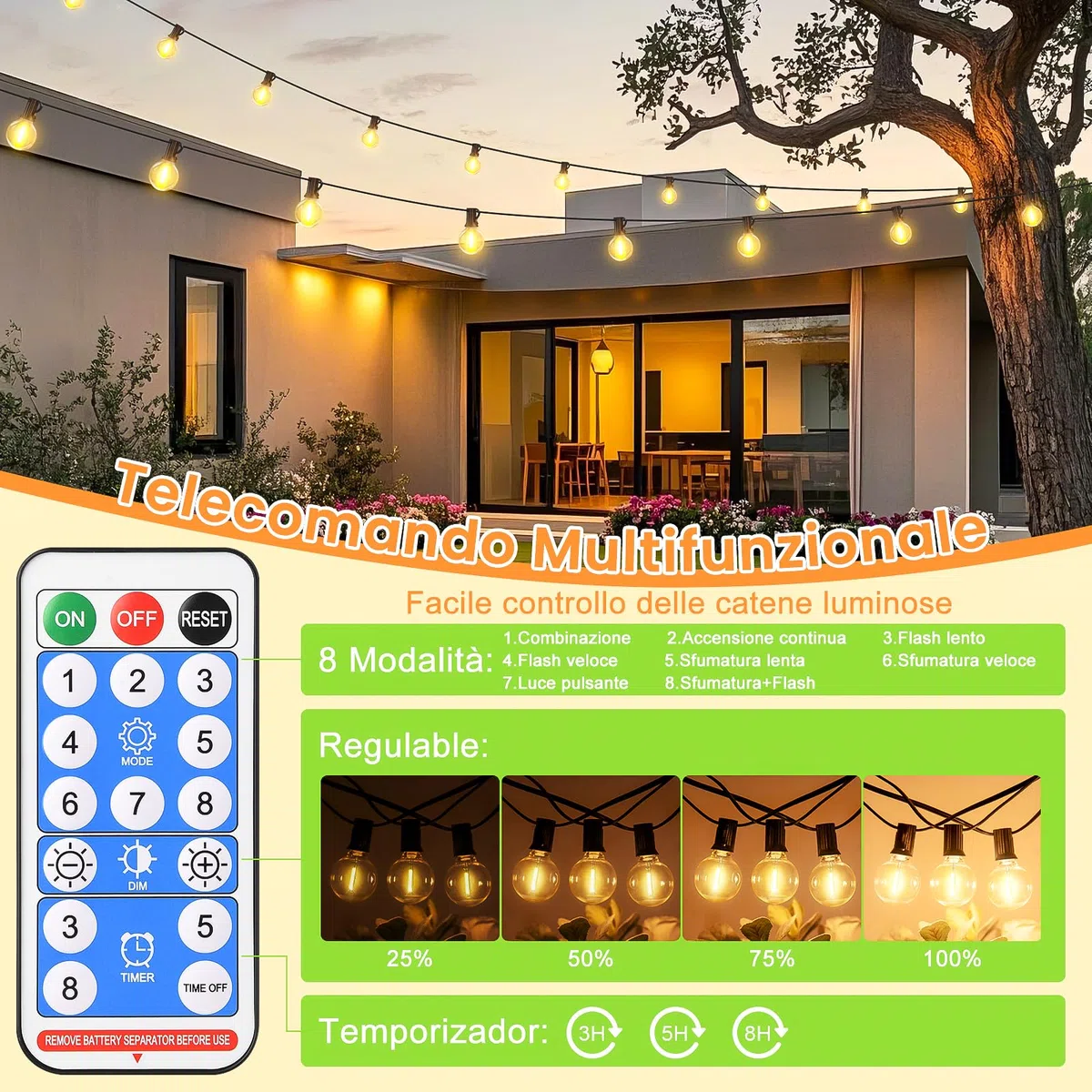 Solari Catena Luminosa Esterno con Telecomando - 15M/50FT Luci da Esterno Giardino con 20+1 Lampadine LED G40 8 Modalità e Funzione Timer per Illuminazione Gazebo Patio Jardin Balcone Fête