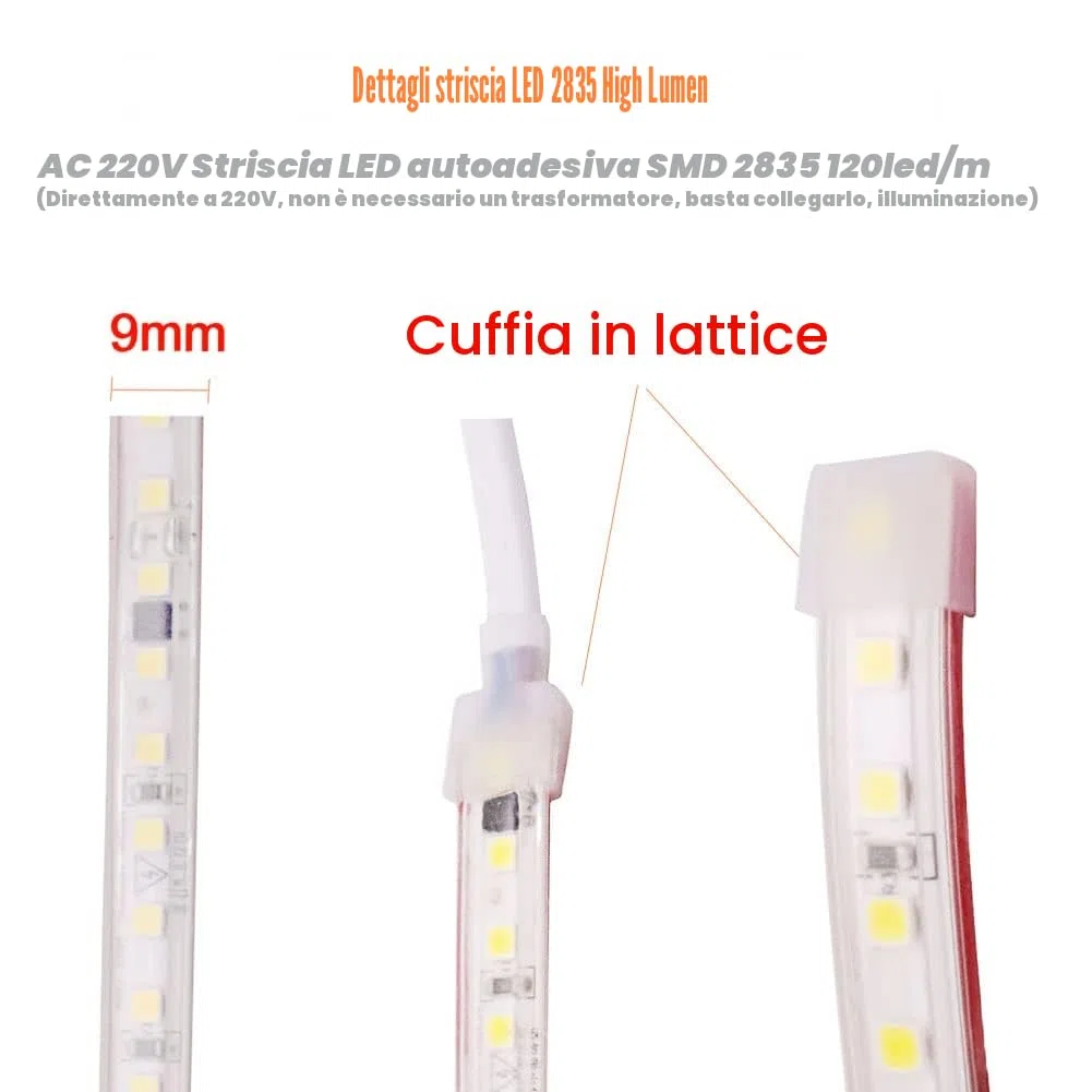 pcning Striscia LED 220V Adesiva Luce Naturale 1M con Interruttore, 1 Meter 2835 120 leds/m IP67 Impermeabile Strip Light 4000K (1M, Bianco)