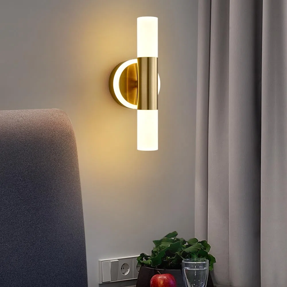 Decorazione domestica moderna Up Down Applique Illuminazione da parete Vanità del bagno LED Applique da parete Barra lunga 9W Cilindro acrilico dorato per interni Lampada da parete lineare per