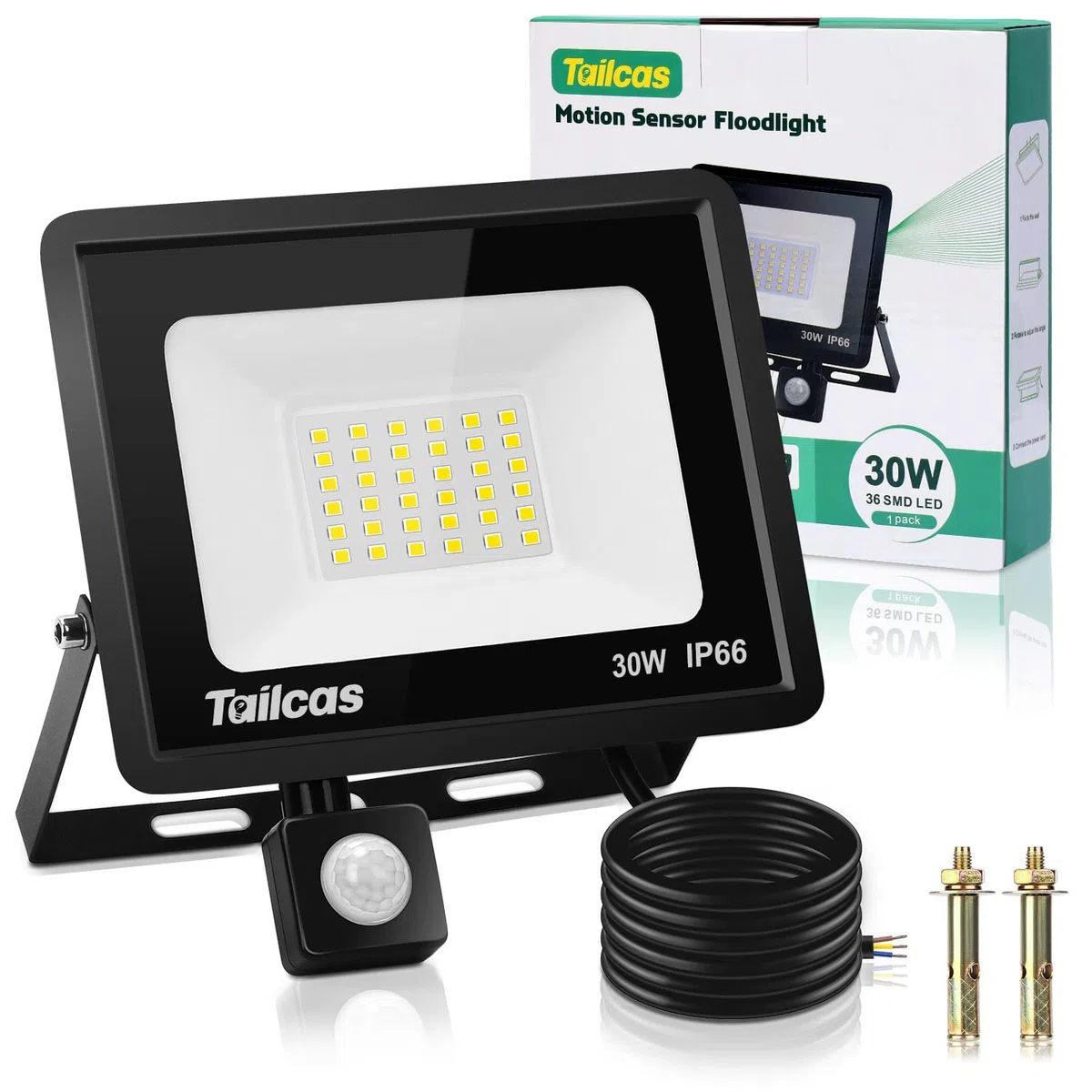 Tailcas Faretto Led da Esterno con Sensore di Movimento, IP66 Impermeabile Faro 2700LM, 36 Leds 6500K Bianca Fredda -Luce a Led da Interno ed Esterno per Garage Cortile Giardino (30 Watt)