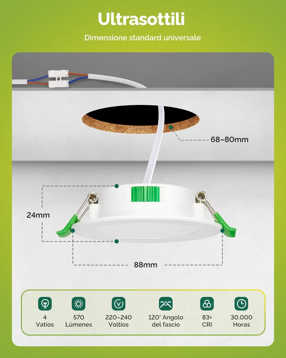 Fondiiz Faretti Led da Incasso per Cartongesso, 4W 570LM Luci da Soffitto Interno Regolabile Caldo 3000K Neutro 4500K Freddo 6000K, IP44 Faretto Risparmio Energetico per Bagno, Foro Ø68-80mm, Set di 6