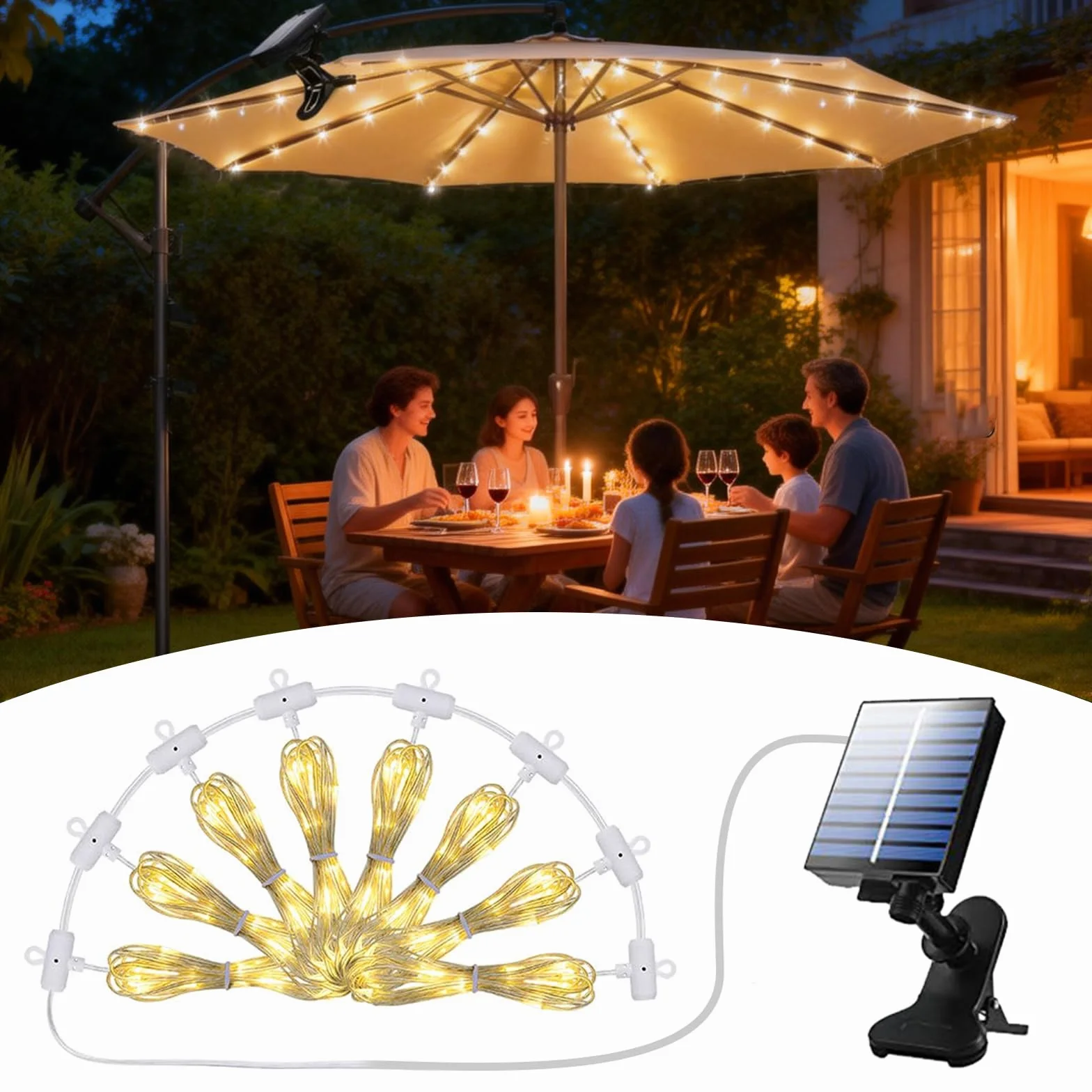 Illuminazione per ombrellone, illuminazione solare con telecomando, 104 LED, 8 modalità, luci a LED per ombrellone, impermeabile, per tende da campeggio, per interni ed esterni