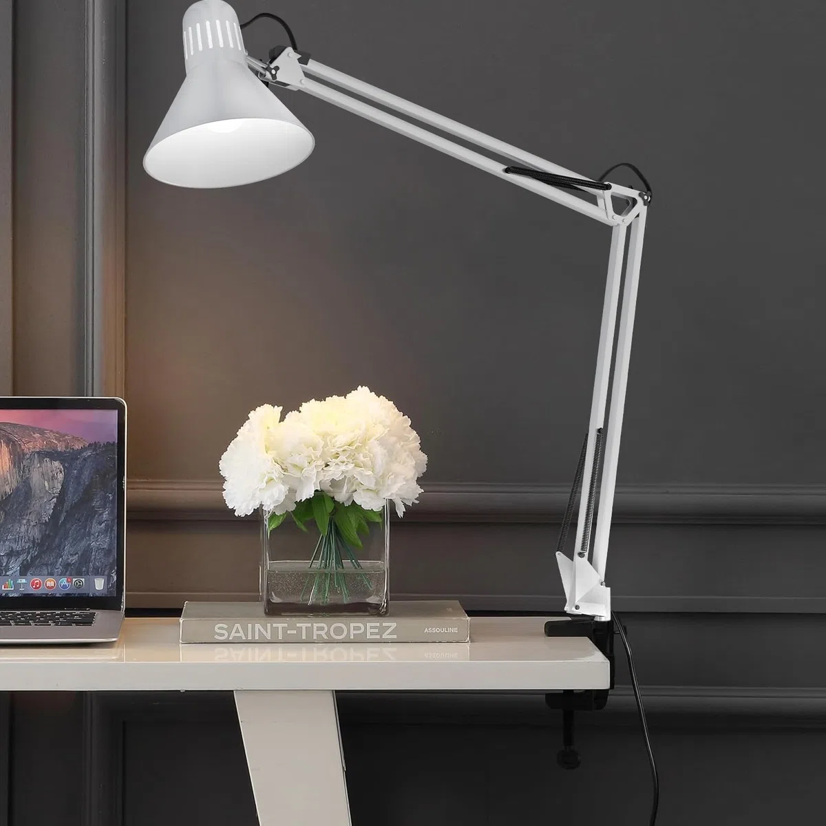 Voltix Lampada da Scrivania con Morsetto – Lampada da Tavolo Vintage E27 MAX 40W, Braccio Pieghevole e Testa Orientabile per Ufficio e Casa – Lampadina NON Inclusa (Bianco)