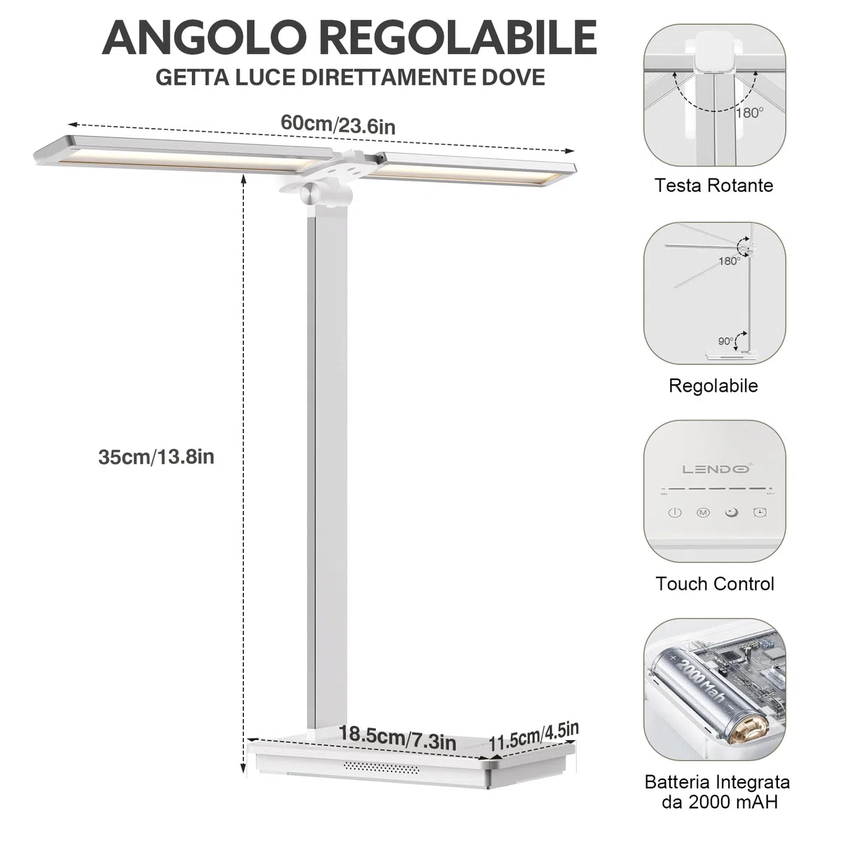 LENDOO LED Lampada Scrivania, Luce Scrivania Doppia Testa Wireless Batteria/Porte USB, 5 Modalità Colore, Luce Lettura Dimmerabile, Lampada Tavolo Touch, Per Camera, Ufficio