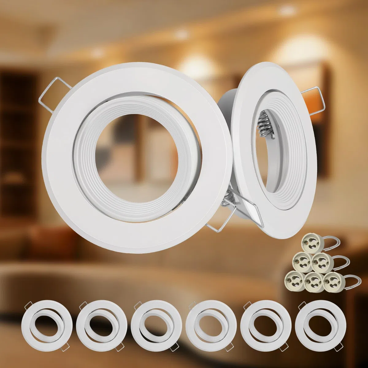 Cornice Faretti Incasso Cartongesso GU10, Faretto led da Incasso Portafaretto Rotondo Bianco per Cartongesso incl. Portalampada, Orientabili a 30° AC 230V Per 50mm LED e Alogeno