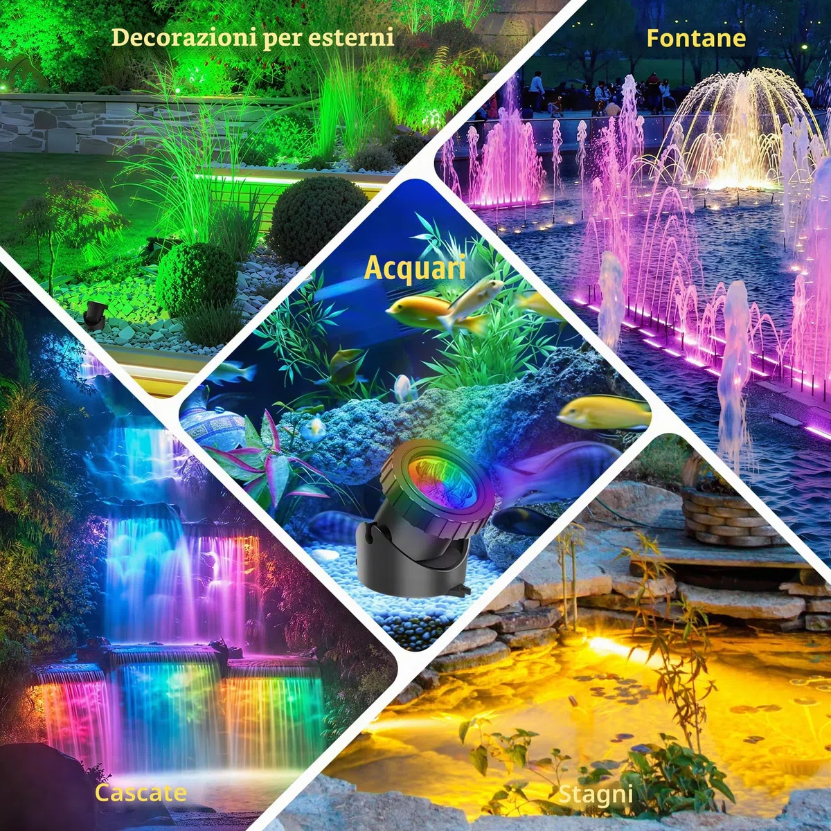 NATPOW Luci Piscina Impermeabile RGB, Cambiano Colore Luci per Laghetto Bluetooth Telecomando Controllabile, 5V Impermeabile IP68 Luce Subacquea per Giardino, Acquari, Fontana, Laghetto (3 in1)