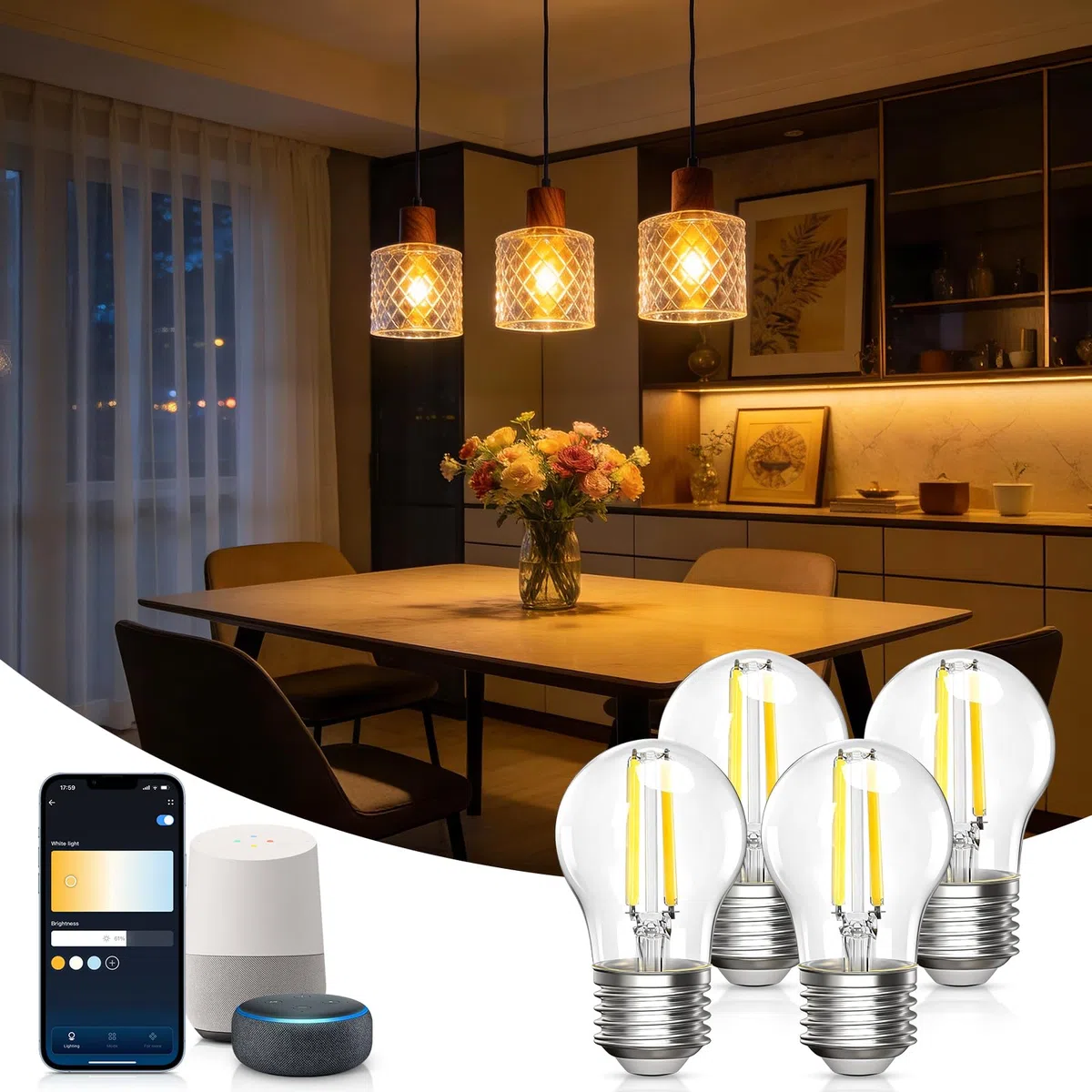 Aigostar Lampadine Alexa, Lampadine Led E27 Vintage, G45 Transparente Lampadine Filamento a Globo, 4.5W, 470LM, Bianco Caldo Dimmerabile 2700K - 6500K, Compatibile con Alexa e Google Home, 4 Unità