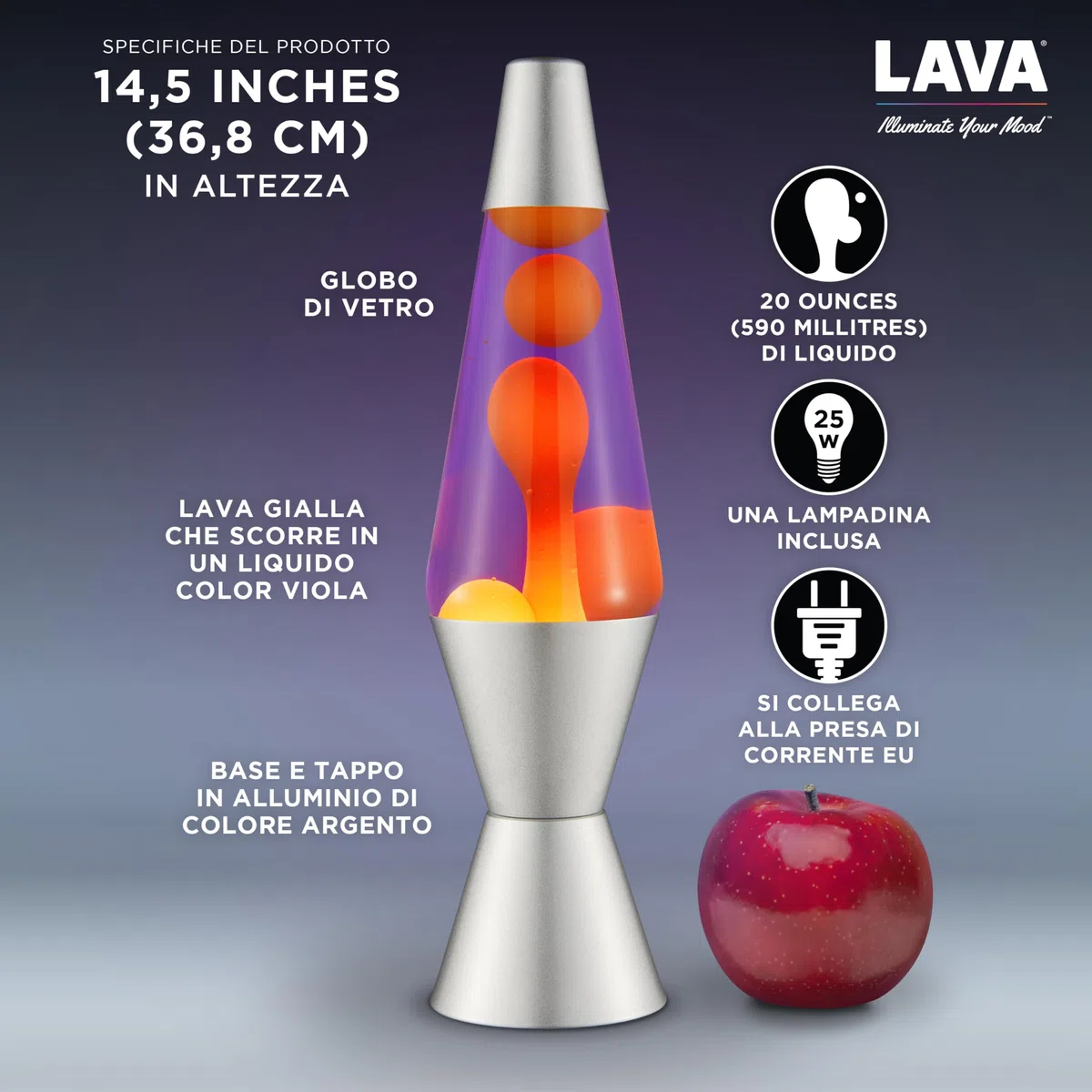 LAVA® - Lampada Lava 2125, cera gialla, liquido viola, base e cappuccio argento, lampada di movimento originale di marca LAVA® da 14,5 pollici
