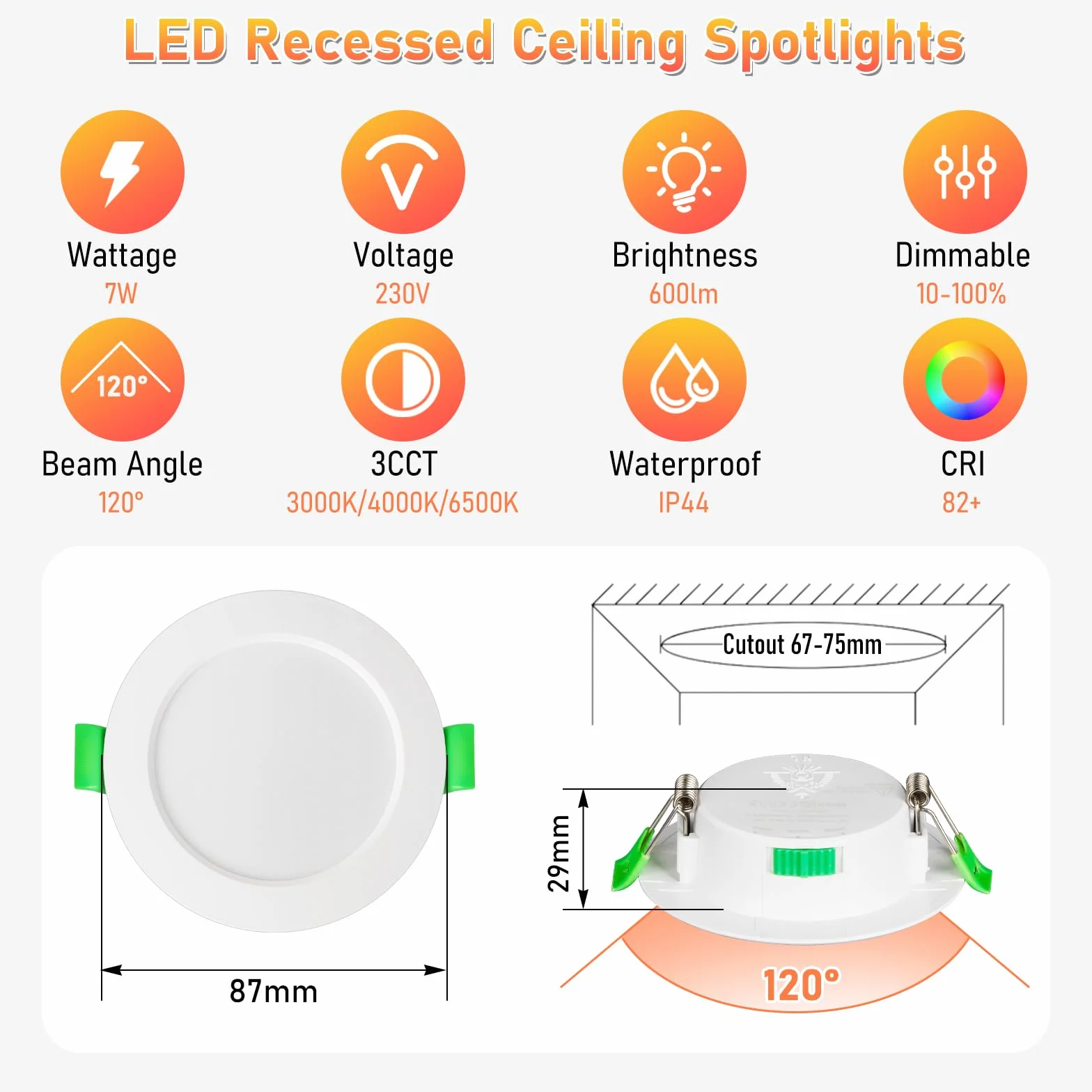 Faretti LED da Incasso per Cartongesso 230V 7W Faretti LED Soffitto IP44 Faretto da Incasso Luci da Soffitto Interno Bianco Caldo 3000K Bianco Neutro 4000K Bianco Freddo 6500K Foro Ø67-75mm Set di 6
