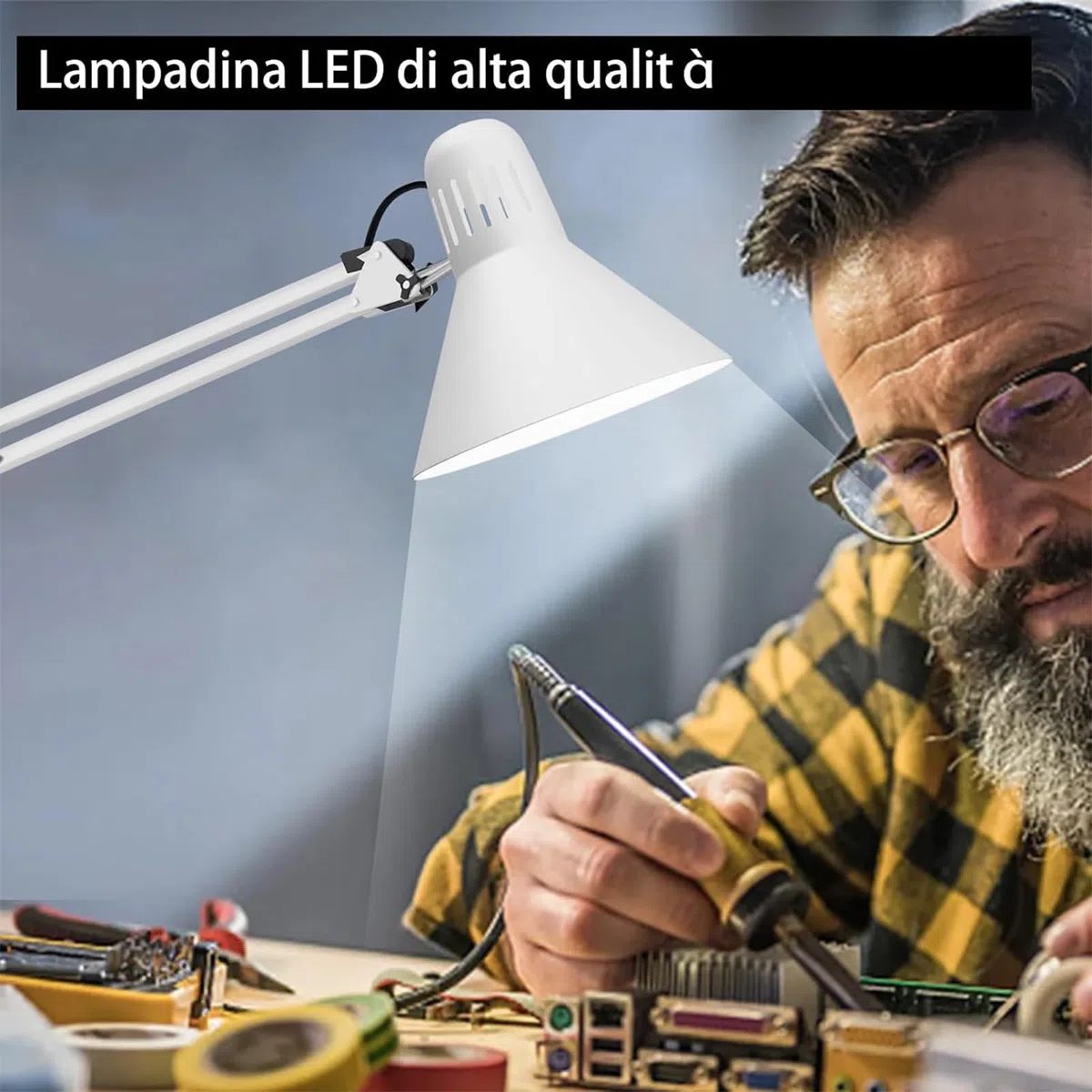 Voltix Lampada da Scrivania con Morsetto – Lampada da Tavolo Vintage E27 MAX 40W, Braccio Pieghevole e Testa Orientabile per Ufficio e Casa – Lampadina NON Inclusa (Bianco)