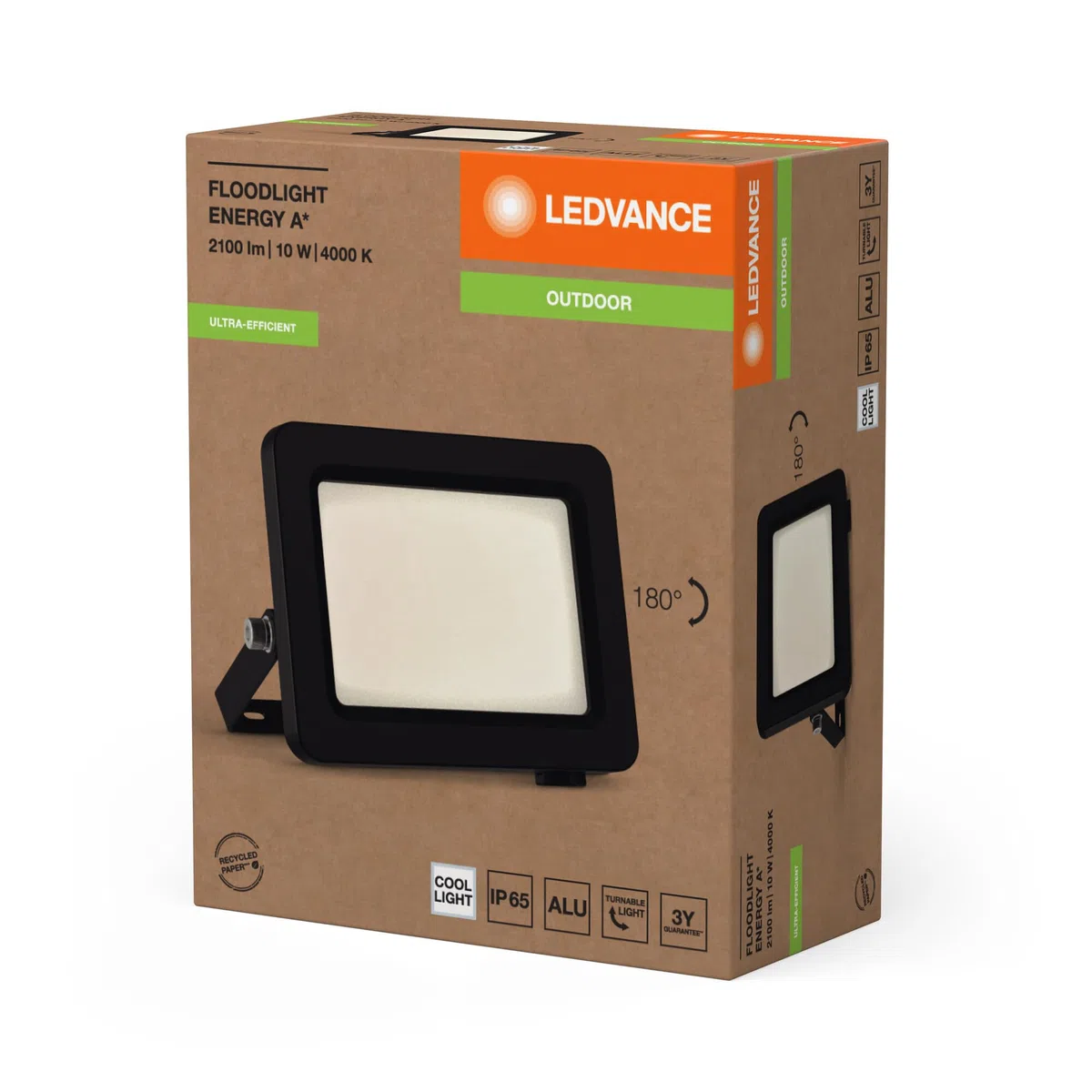 LEDVANCE Proiettore LED con classe di efficienza energetica A, alloggiamento in alluminio nero, 10 W, 1750 lm, per applicazioni esterne, peso leggero, installazione semplice, pacco da 8