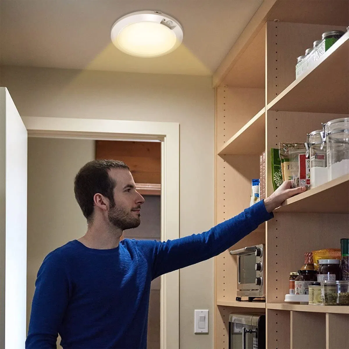 Lampada da soffitto con sensore di movimento, funzionamento a batteria, per interni, senza fili, 3 modalità, per armadio, garage, dispensa, capanno, scale, cantina
