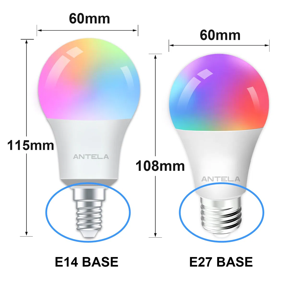 ANTELA Lampadina Wifi Intelligente LED Smart Multicolore, E14, 8W 80W equivalente, Dimmerabile RGB & 2700K-6500K, Compatibile con Alexa e Google Home, Telecomando con APP, 2 pezzi