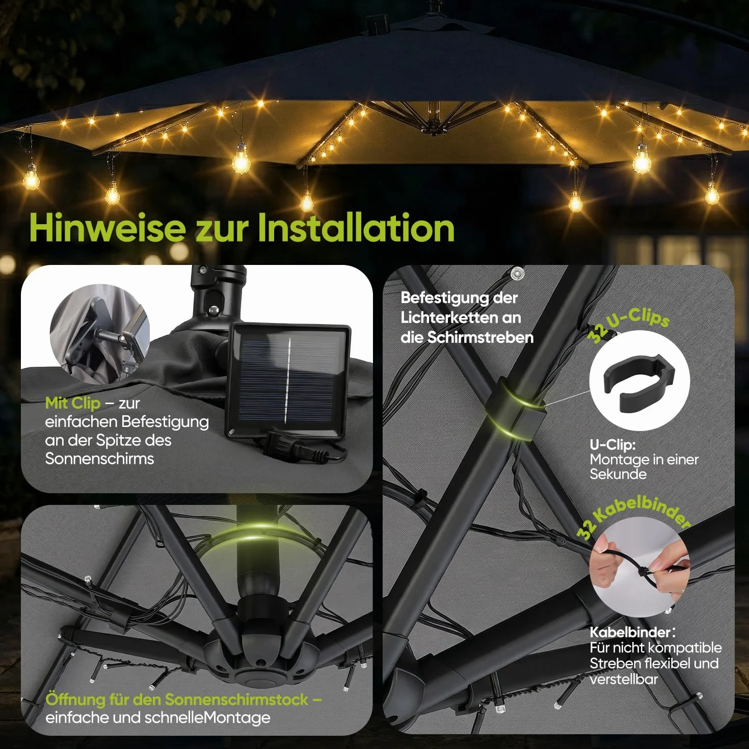 Sekey Luci per Ombrellone da Esterno Solare con 136 LED & 8 Lampadine, Catena di Luci per Ombrellone, Valida anche per Ombrellone Decentrato, 8 Modi + Telecomando, per Terrazzo Spiaggia