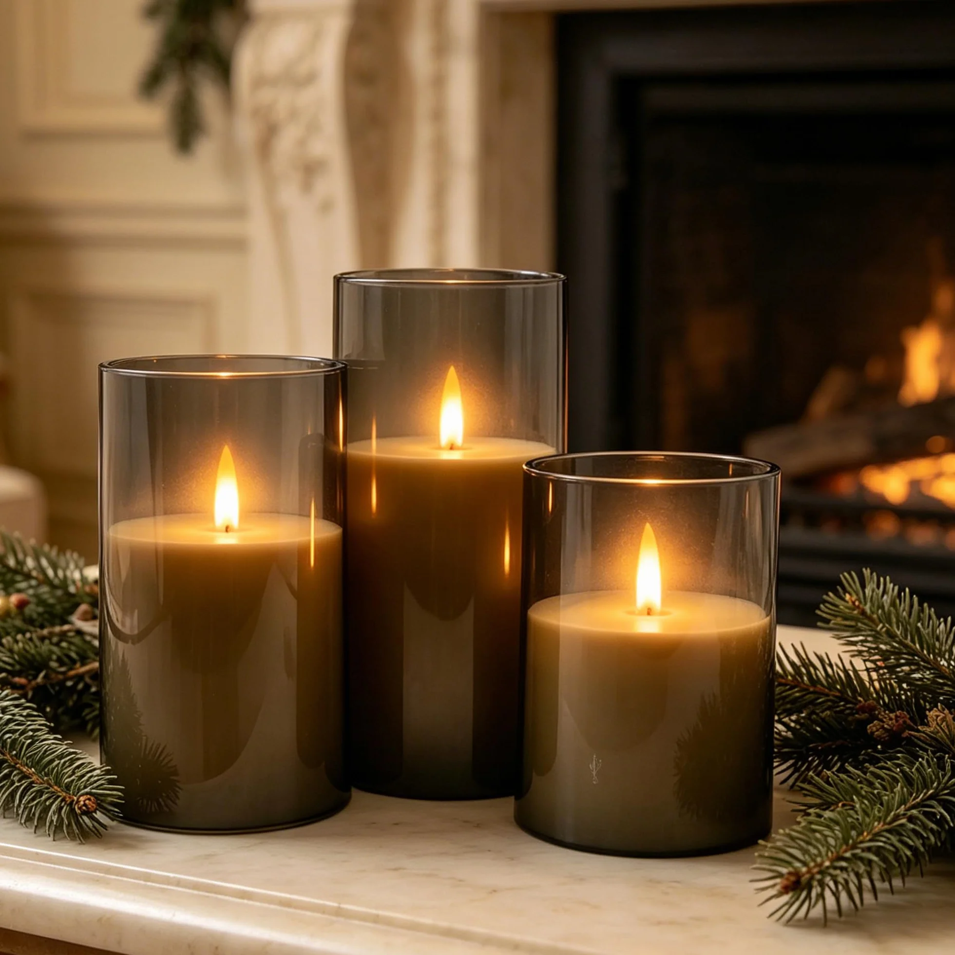 Da by 3 Candele LED Ricaricabili 1800mAh, Candele Senza Fiamma Tremolanti con Telecomando, Copertura Trasparente Grigio Scuro per Matrimoni, Natale e Decorazioni Feste